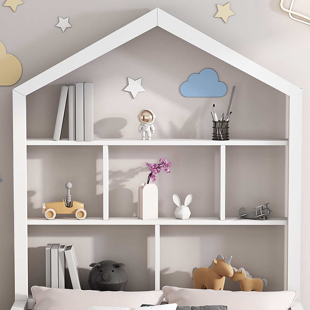 Hausbett 90x200 cm mit Bücherregal und Schubladen