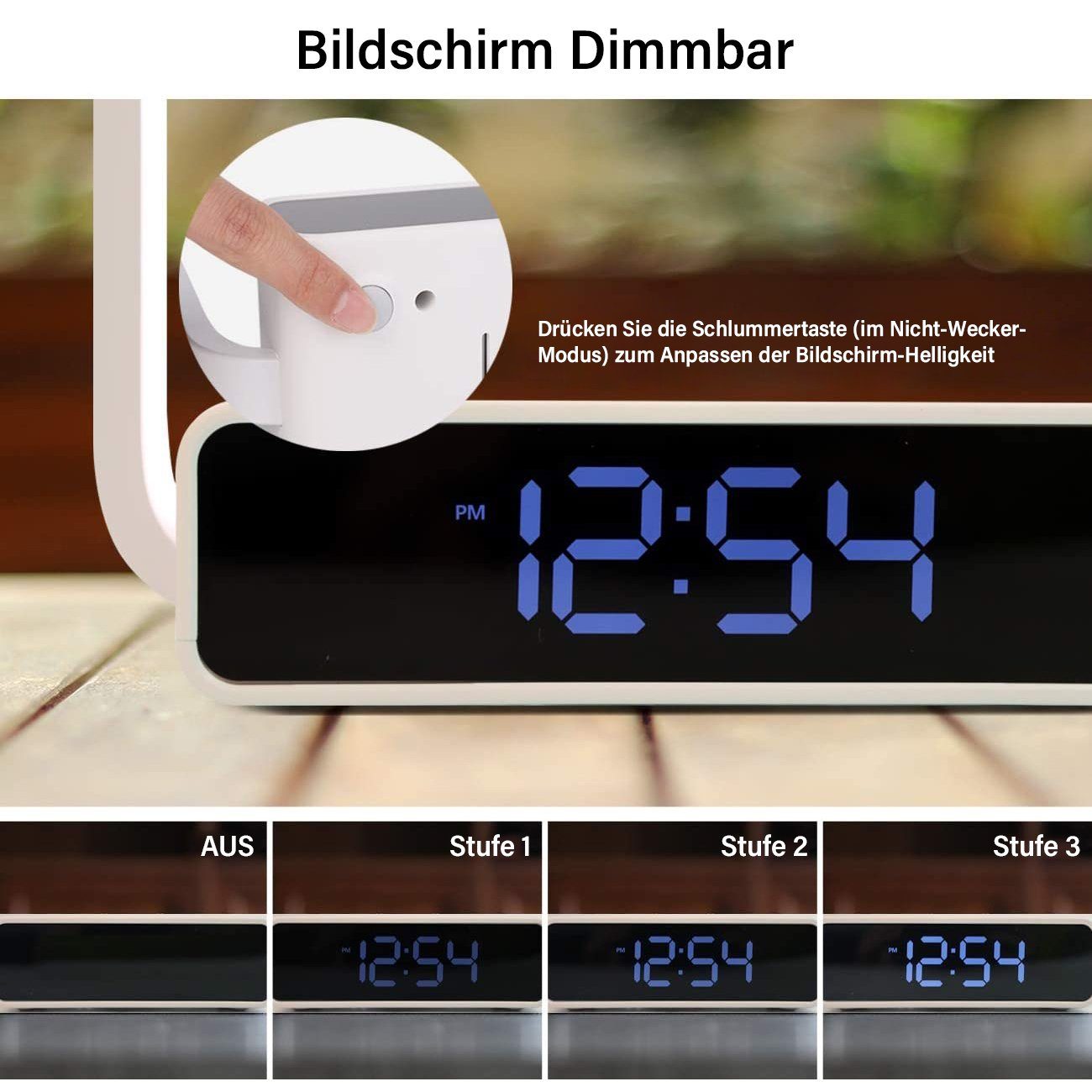 WILIT LED Nachttischlampe Tischleuchte Schlafzimmer Touch Tischlampe mit Ladefunktion Handy, LED fest integriert, Qi Ladefunktion, 3 Helligkeitsstufen, Wecker, Dimmbarer Display