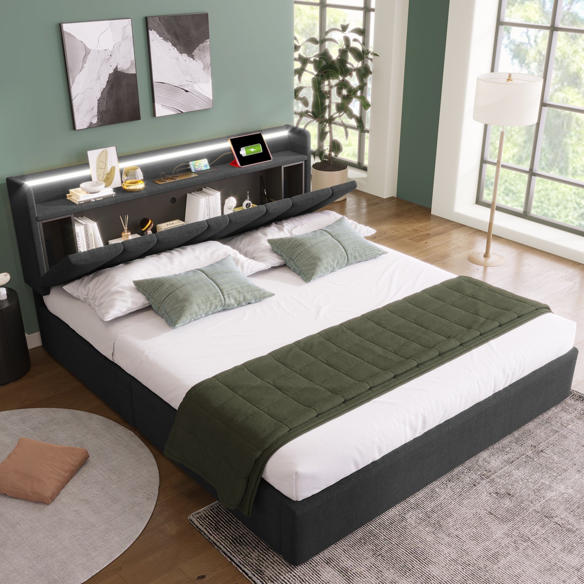 OKWISH Polsterbett Doppelbett (mit aufladen USB Ladefunktion Stauraum-Kopfteil, LED-Beleuchtung), 160x200cm Ohne-Matratze Stauraumbetten Bettgestell