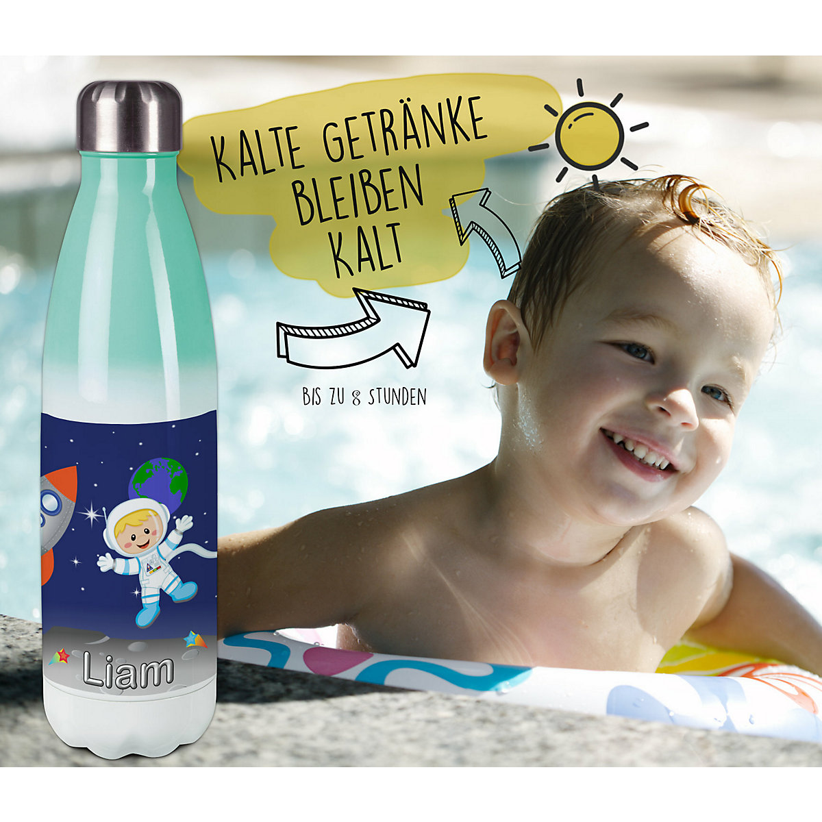 Edelstahl Kinder Thermoflasche / Trinkflasche bunt Weltall Spülmaschinenfest, Auslaufsicher, Bruchfest, Doppelwandig, Für Heißgetränke geeignet, Mit Deckel, Isoliert