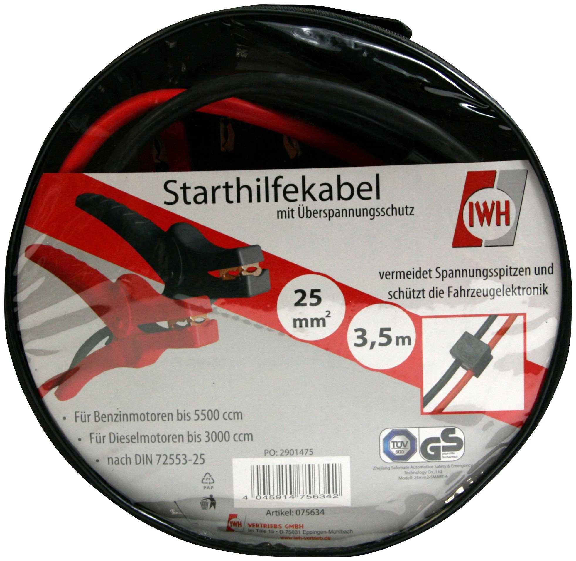 IWH Alu Pro 25 mm² Starthilfekabel, (350 cm), mit Starsafe, inkl. Nylontasche