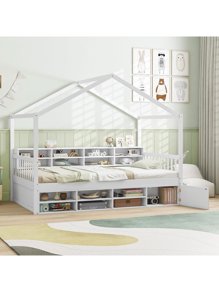 COSTWAY Kinderbett 90x200cm mit Dach & 14 Fächern in Weiß günstig kaufen onesize