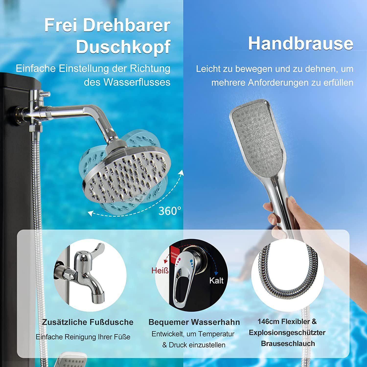 KOMFOTTEU Solardusche Gartendusche, 35 Liter, 216,5 cm, bis 60°C, mit Handbrausekopf