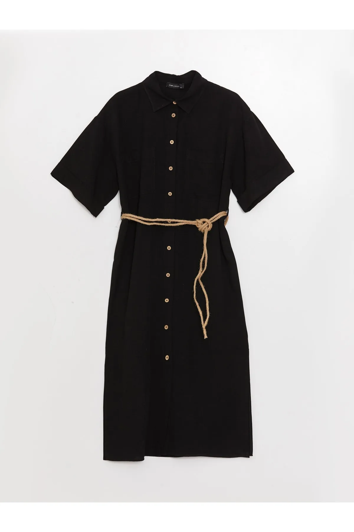 LC Waikiki  Einfarbiges, kurzärmliges Damenkleid mit Hemdkragen