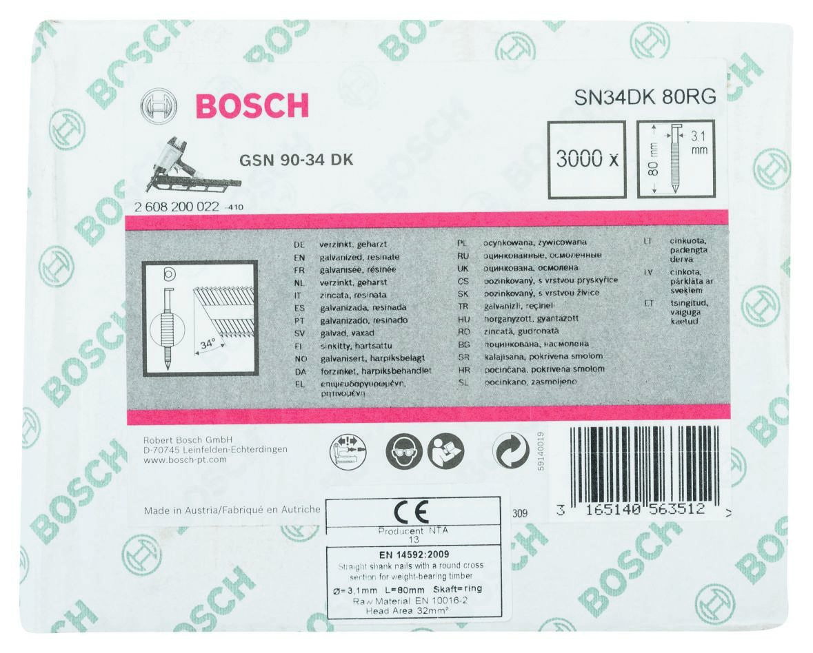 Bosch Blue Accessories 2608200022 SN34 DK 80RG Gwoździe taśmowe 34° D-Head ocynkowane z pierścieniem 80 mm 3000 sztuk