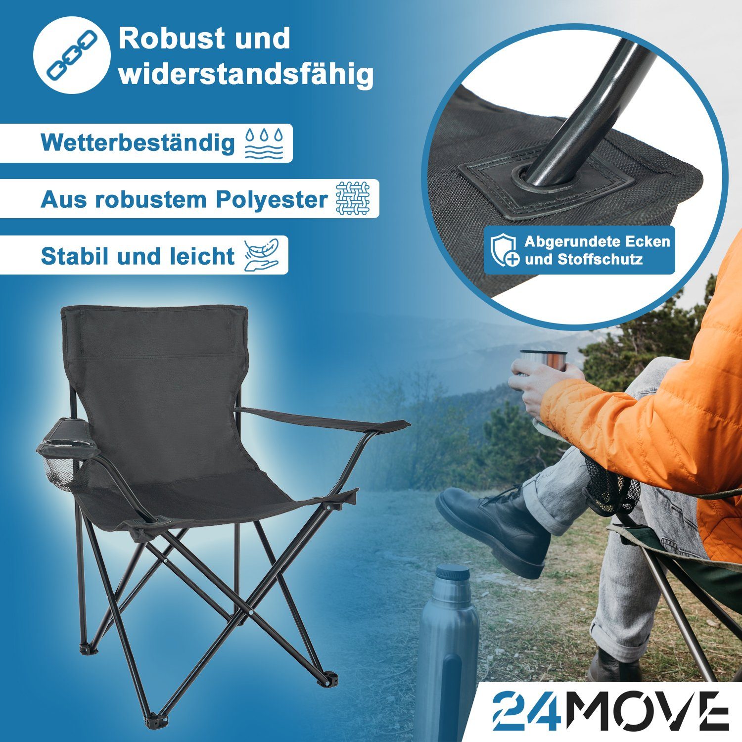 24Move Campingstuhl 24MOVE® Campingstuhl faltbar,Anglerstuhl,Liegestuhl mit Getränkehalter (bis max. 100 kg), mit Tragetasche, blau, Klappstuhl, bis 100kg belastbar