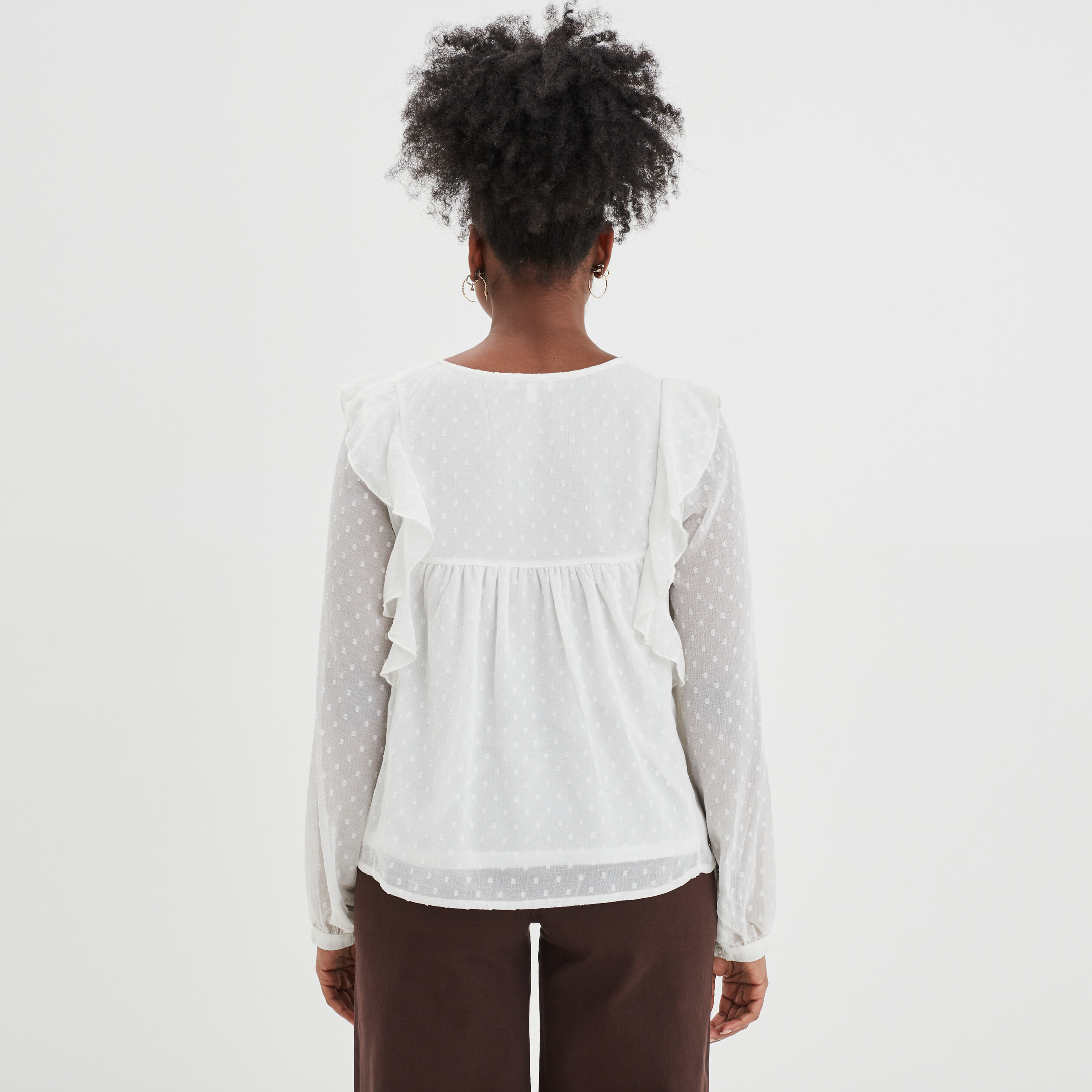 Blouse col en V à volants blanc femme | La Halle