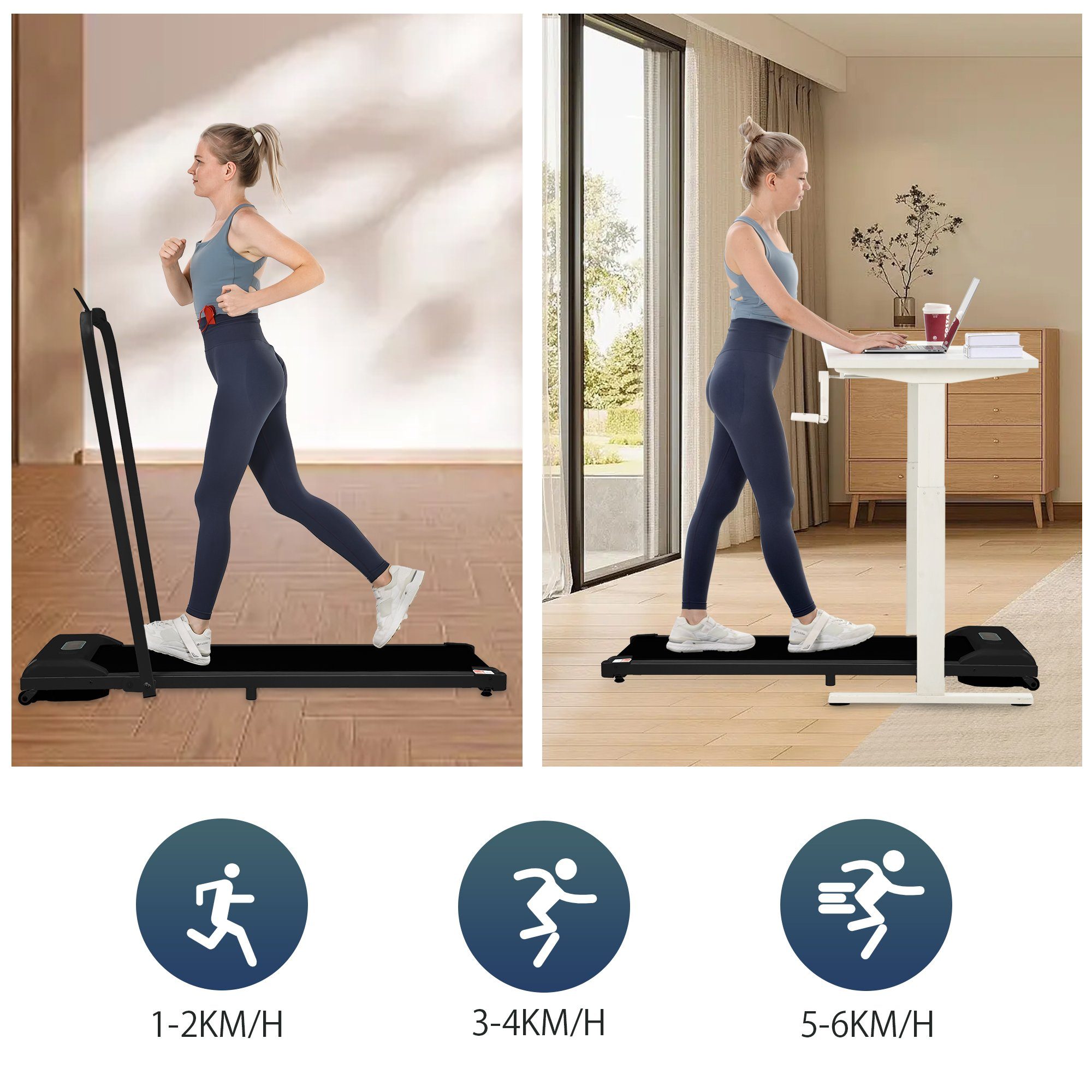 OKWISH Laufband 2 in 1 Laufband für zuhause (Klappbar 1-6 km/h mit Fernbedienung), Bluetooth, LED-Display