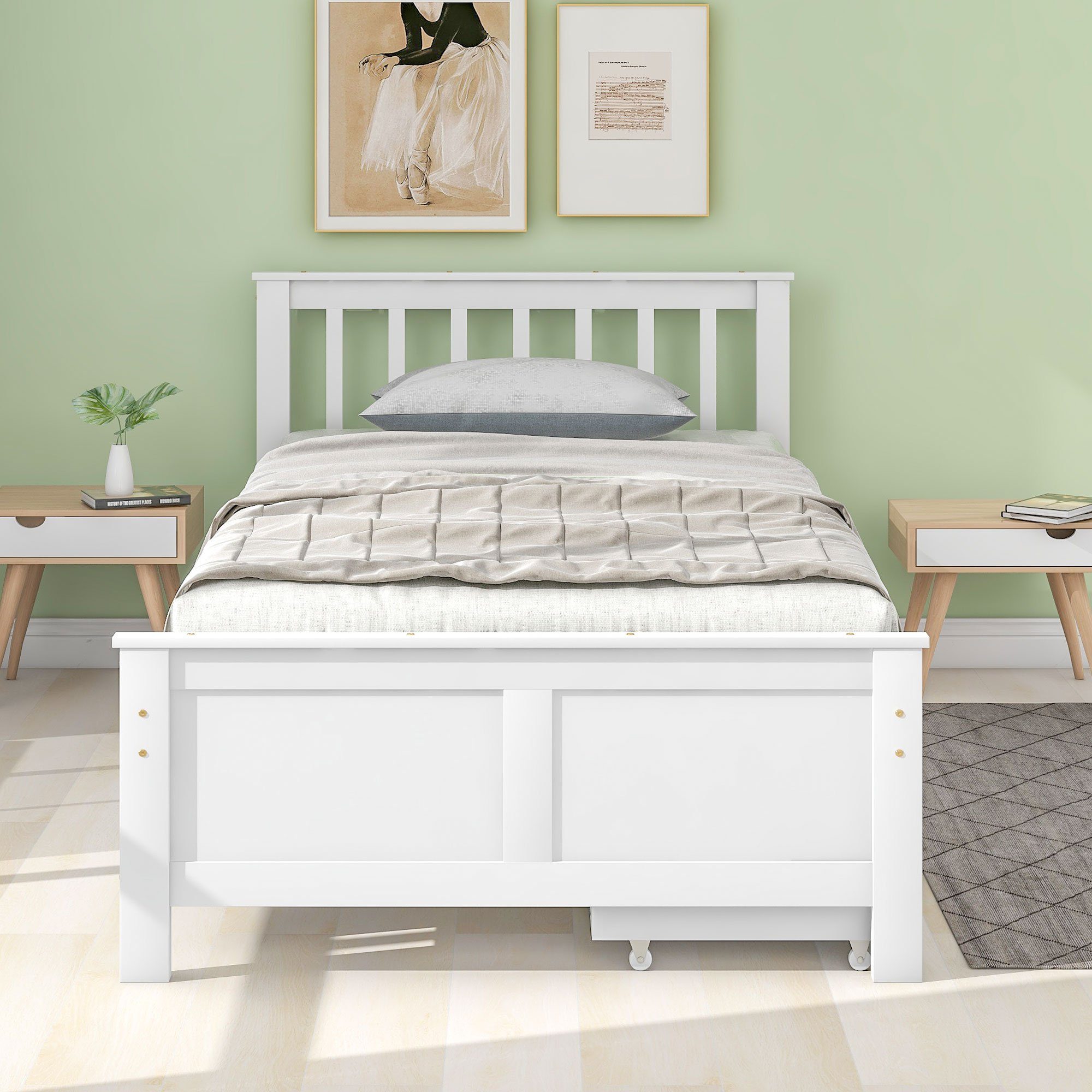 OKWISH Holzbett Bett, Jugendbett, Erwachsenenbett, Kinderbett (Rahmen aus Kiefernholz, weiß 90x200cm, mit Schubladen zur Aufbewahrung), Ohne Matratze
