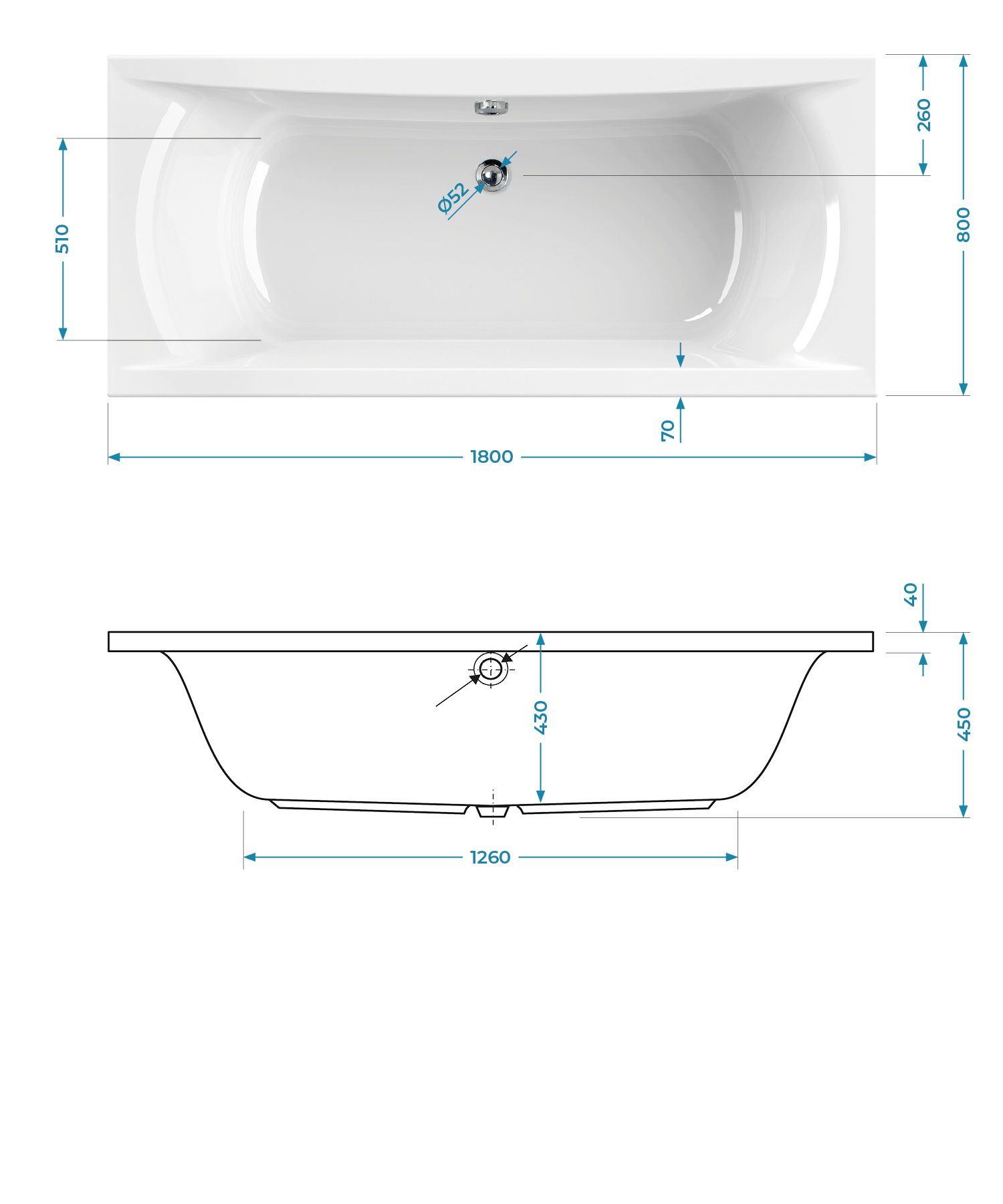 Calmwaters Badewanne Modern Curved, (1-tlg), Weiß, 180 x 80 cm, Acryl, Duobadewanne für zwei Personen, 02SL3317