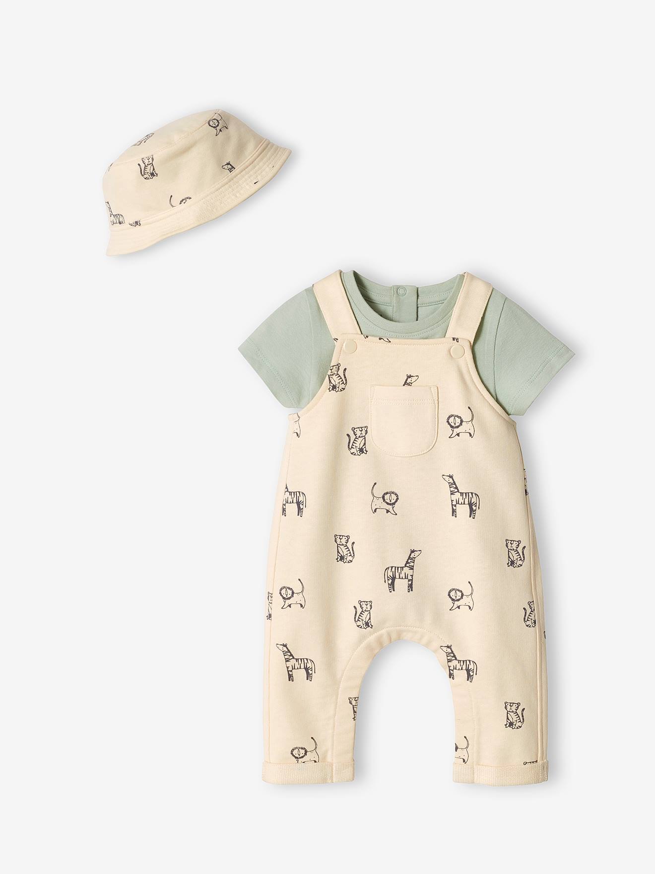 Ensemble bébé naissance bob, body et salopette bateaux blanc/bleu
