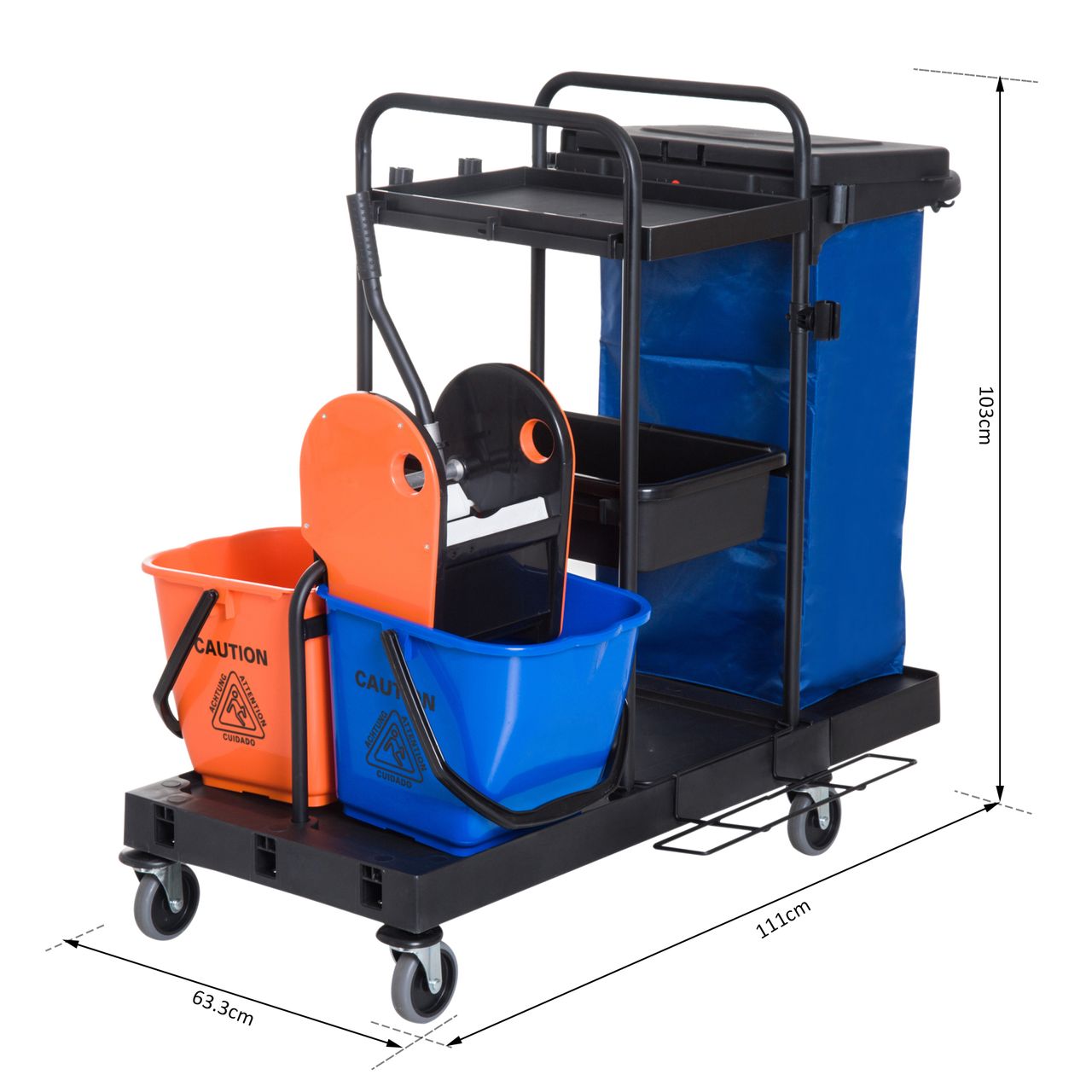 HOMCOM Putzwagen Reinigungswagen Wischwagen Systemwagen mit 4 leichtgängigen Rollen Schwarz Blau Orange 111 × 63,3 × 103 cm