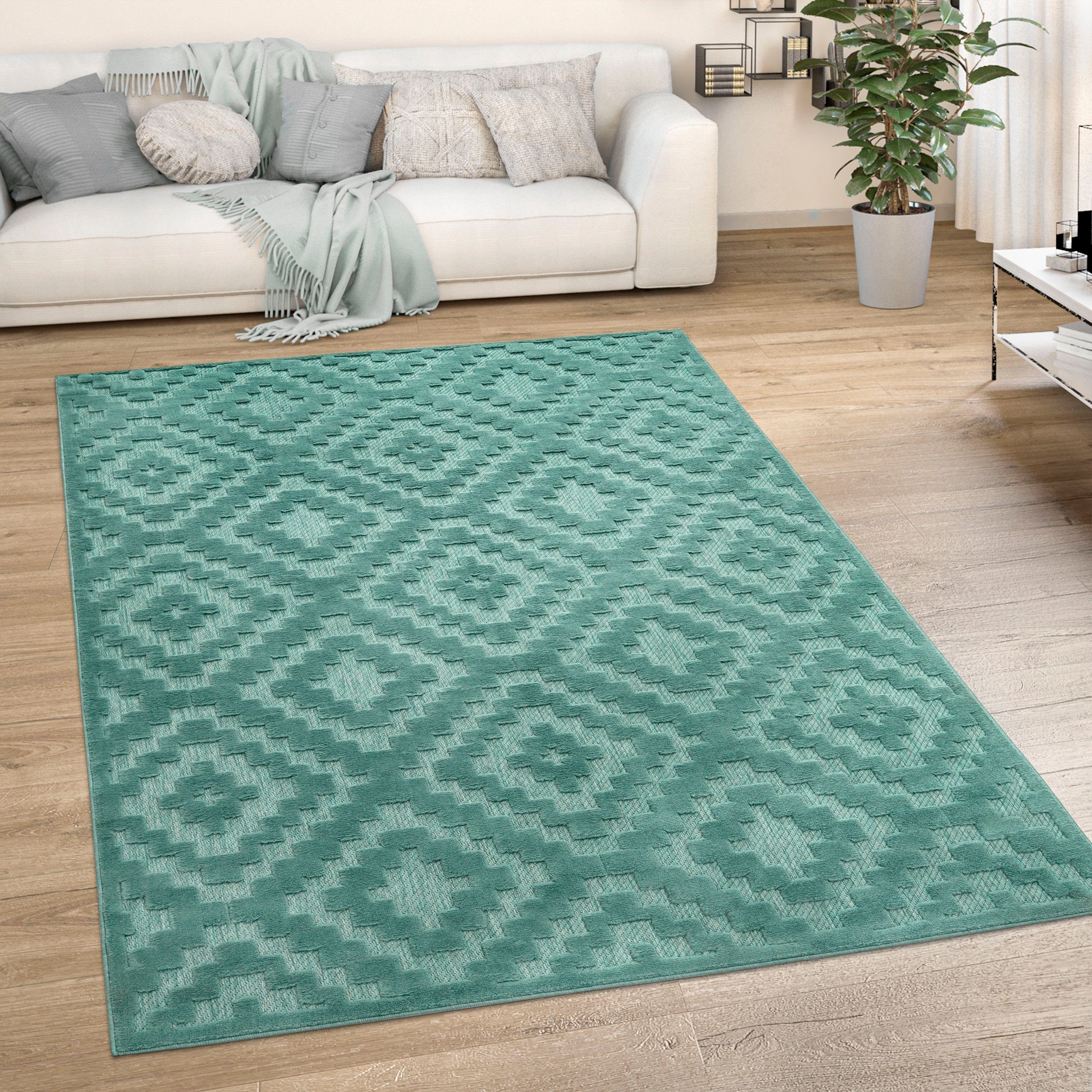 Teppich Livorno 672, Paco Home, rechteckig, Höhe: 14 mm, Uni-Farben, Scandi, Rauten Muster, Hoch-Tief Effekt, Outdoor geeignet
