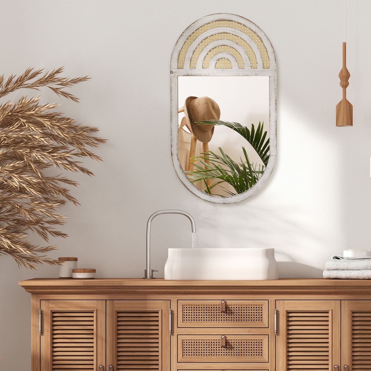 HOMCOM Wandspiegel, Wohnzimmerspiegel, 50 x 90 cm Flurspiegel mit Rattenoptik