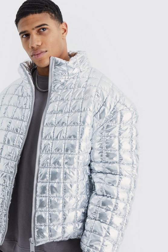 Kastige Metallic-Steppjacke mit Trichterkragen