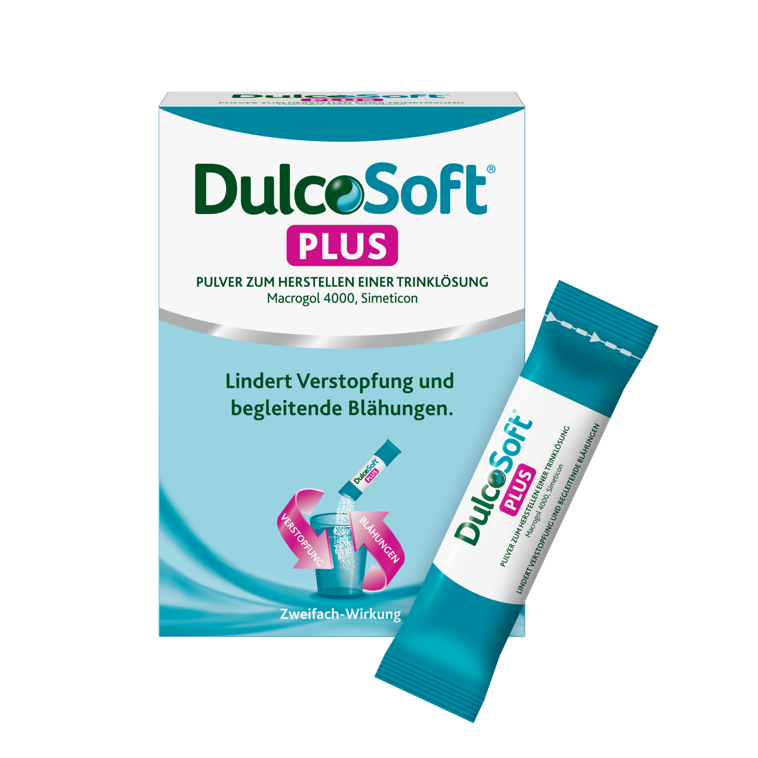 DulcoSoft Plus Pulver 10 Sachets mit den Inhaltsstoffen Macrogol und Simeticon bei Verstopfung mit Blähungen