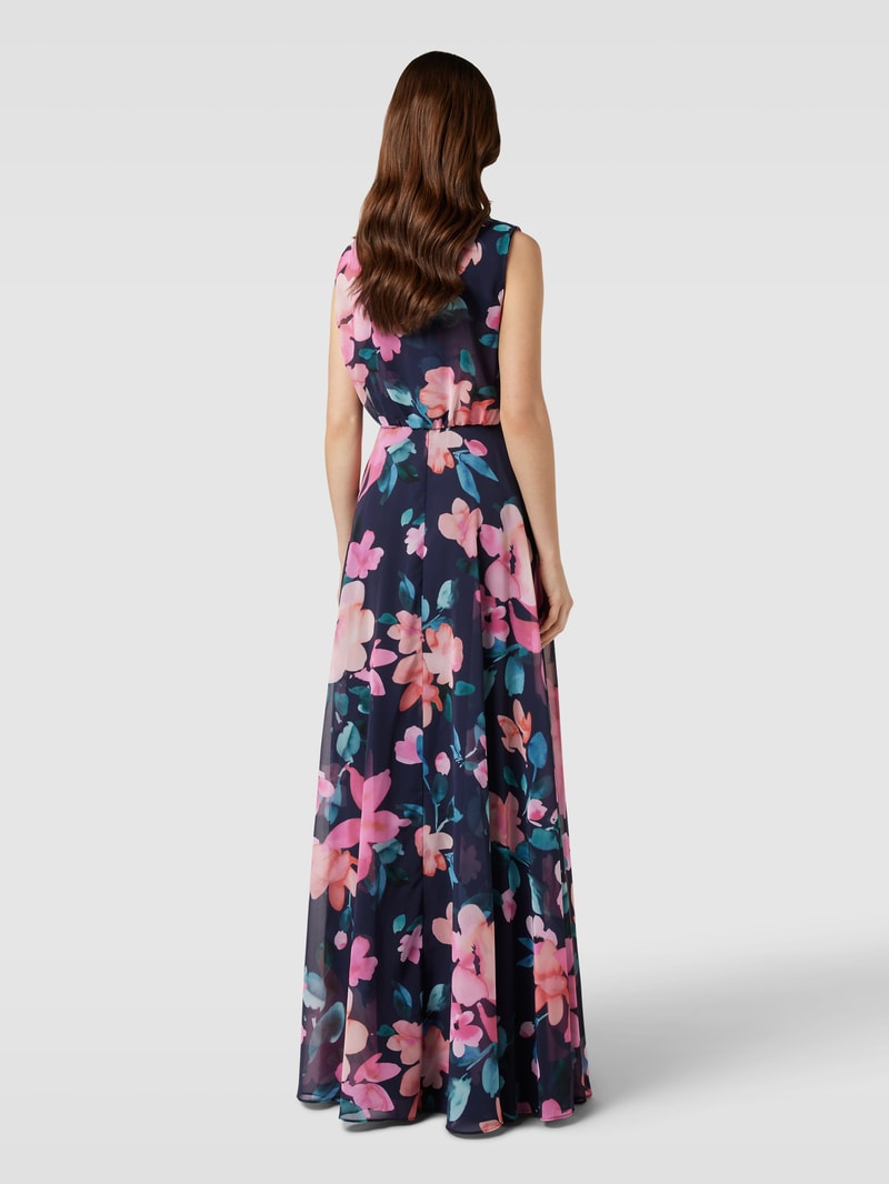 Abendkleid mit floralem Allover-Print in marineblau meliert