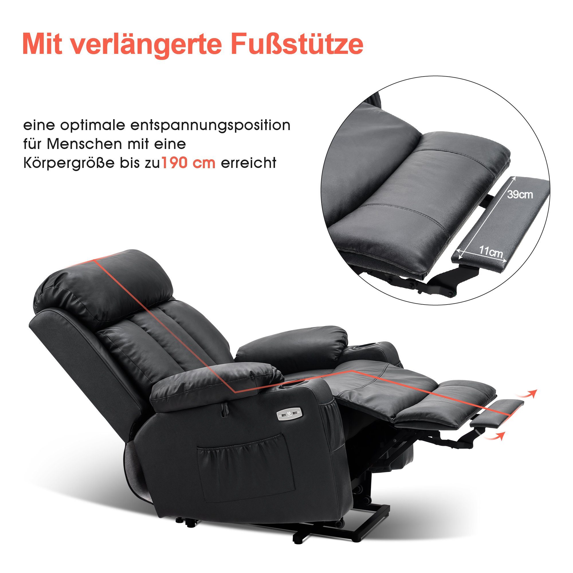 MCombo Relaxsessel MCombo elektrische Aufstehhilfe Fernsehsessel Relaxsessel 7190, motorisch verstellbar, Leder, Schwarz, 100 x 86 x 112 cm