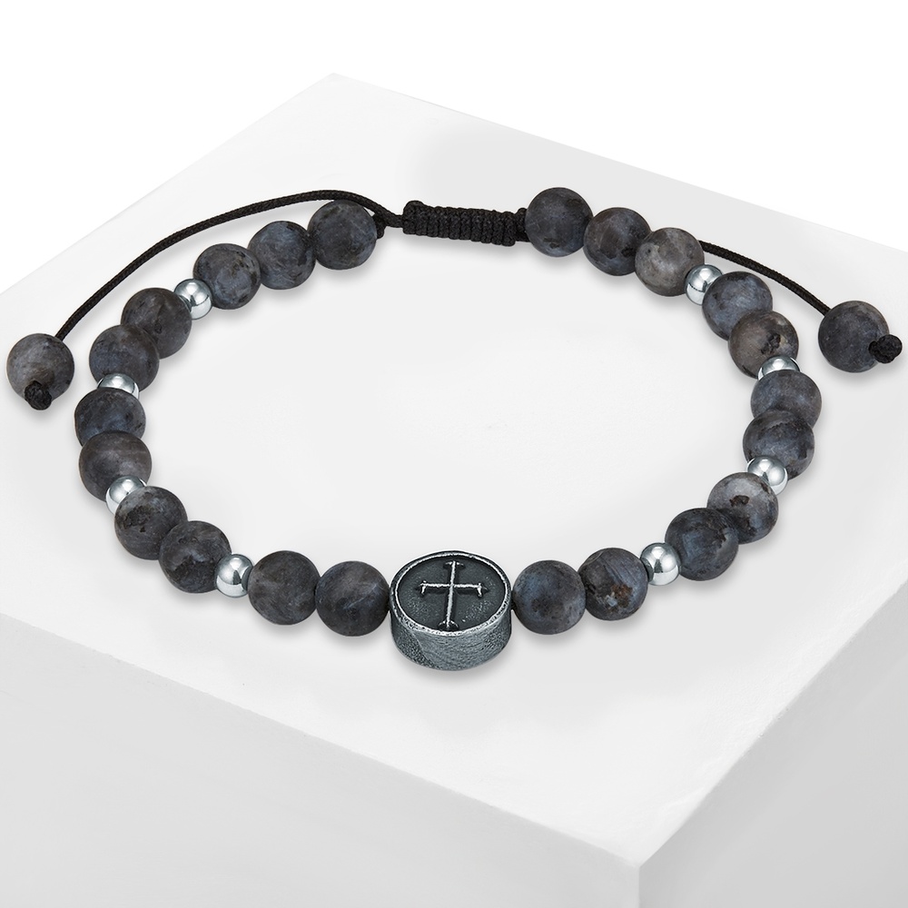 True Rebels Bracelet en pierres précieuses Croix Acier inoxydable Jade Argent Bracelet