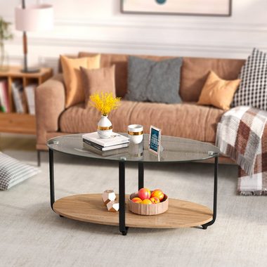 COSTWAY Couchtisch, Glas 2 Ebene mit Stauraum, Metallrahmen, oval, 95x50x44cm