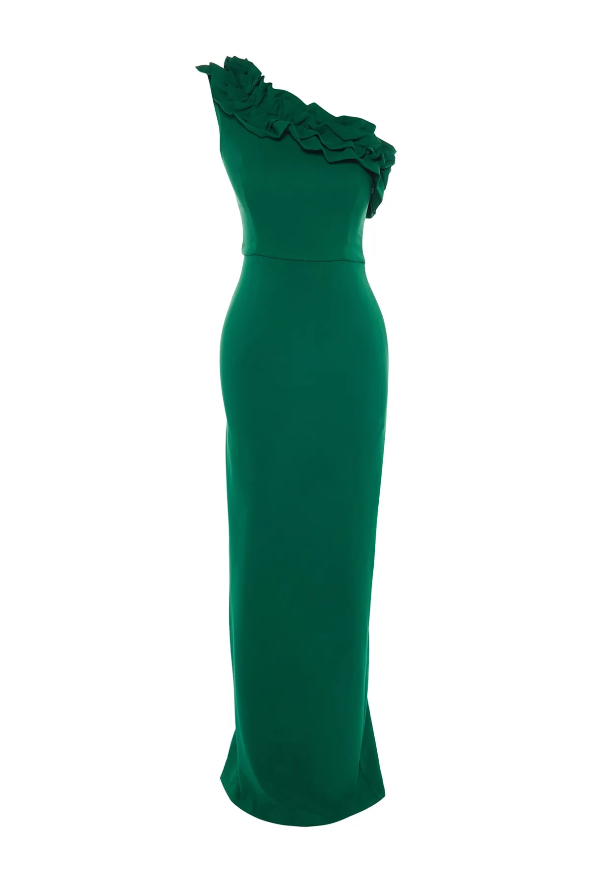 Trendyol Collection  Smaragdgrünes, gewebtes, langes Abendkleid mit Volants TPRSS21AE0044