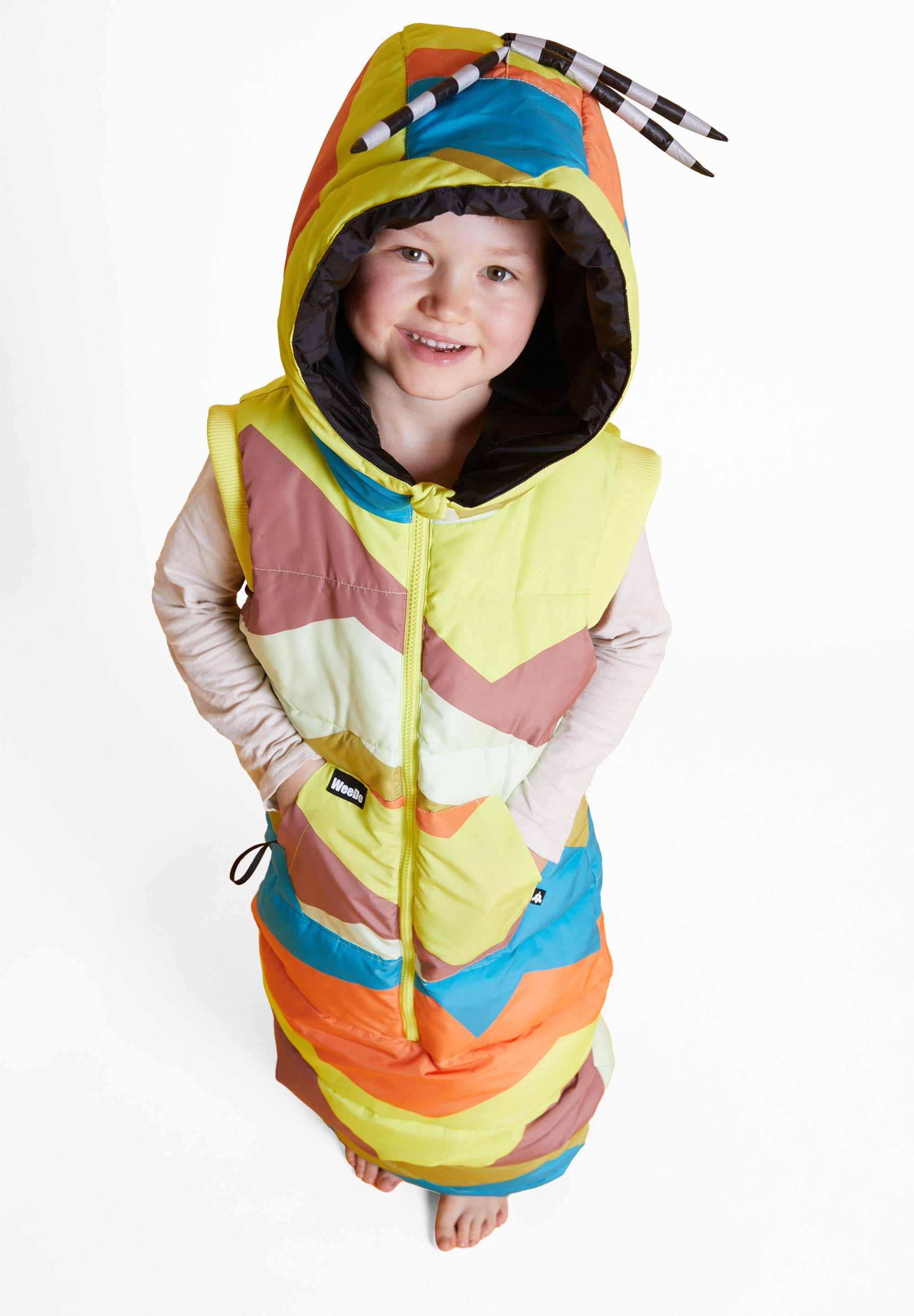 WeeDo Funktionsweste WOODY Bird aus einem Schlafsack wird Dank des Kordelzugs eine Weste
