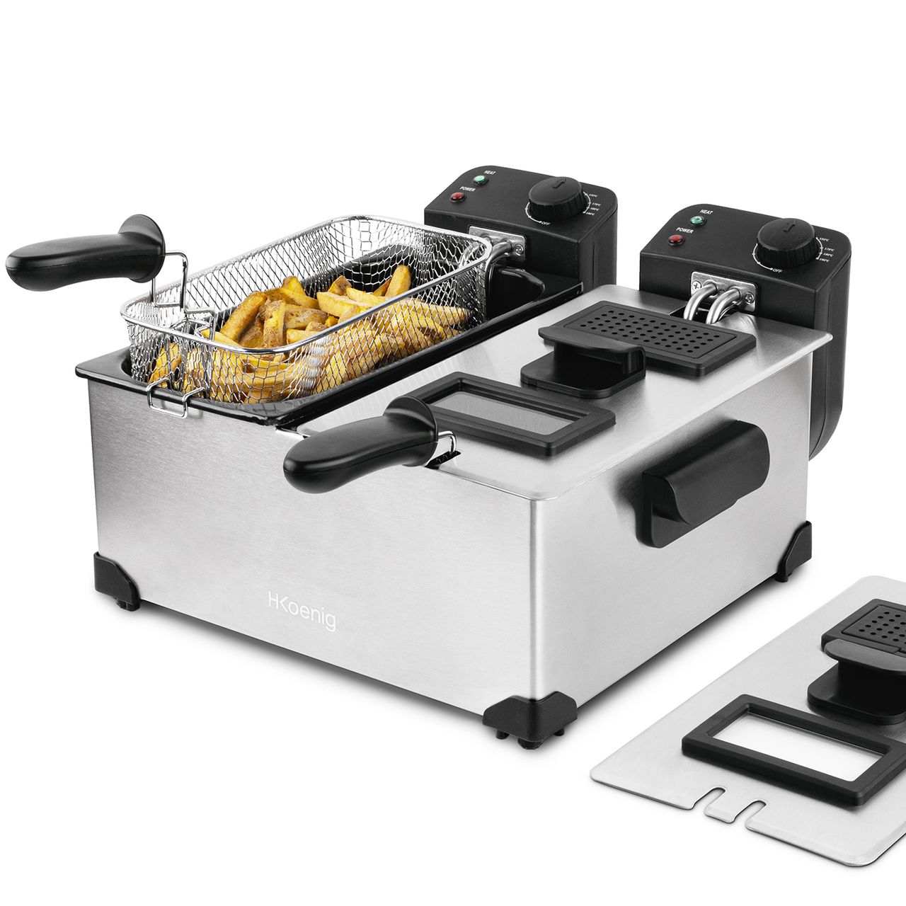 H.Koenig DFX600 Fritteuse aus Edelstahl, Doppelbecken, 2 unabhängige Thermostate je 3L, herausnehmbare spülmaschinenfeste Körbe, Geruchsfilter, Überhitzungsschutz