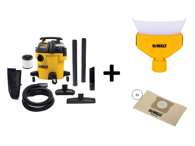 DeWalt DXV20PB 20L-es száraz/nedves porszívó + szűrőzsákok és porgyűjtő