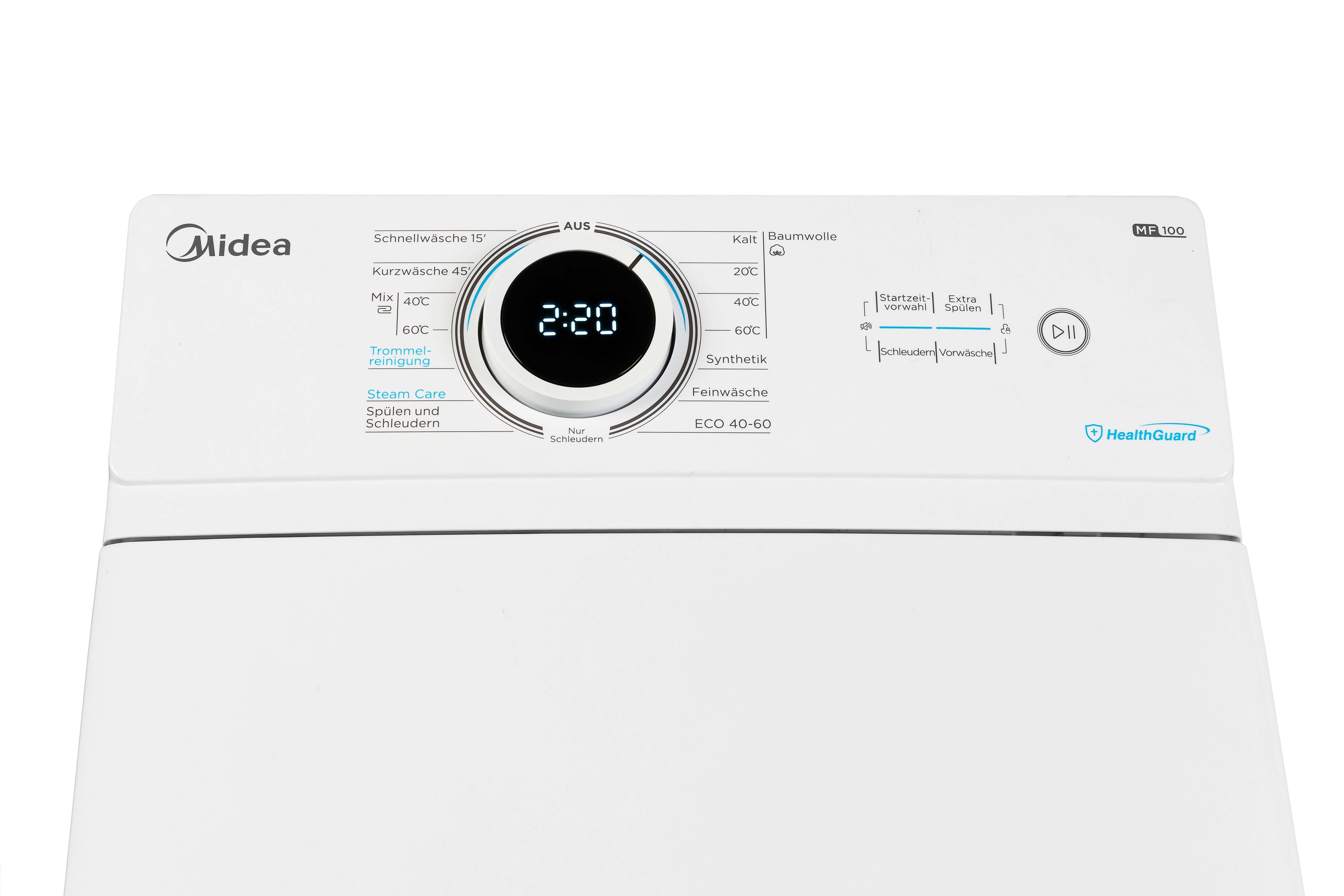 Midea Waschmaschine Toplader MF10ET80B, 8 kg, 1300 U/min, Soft Opener, XL-Tür, Dampffunktion, Kurz 15'&45'