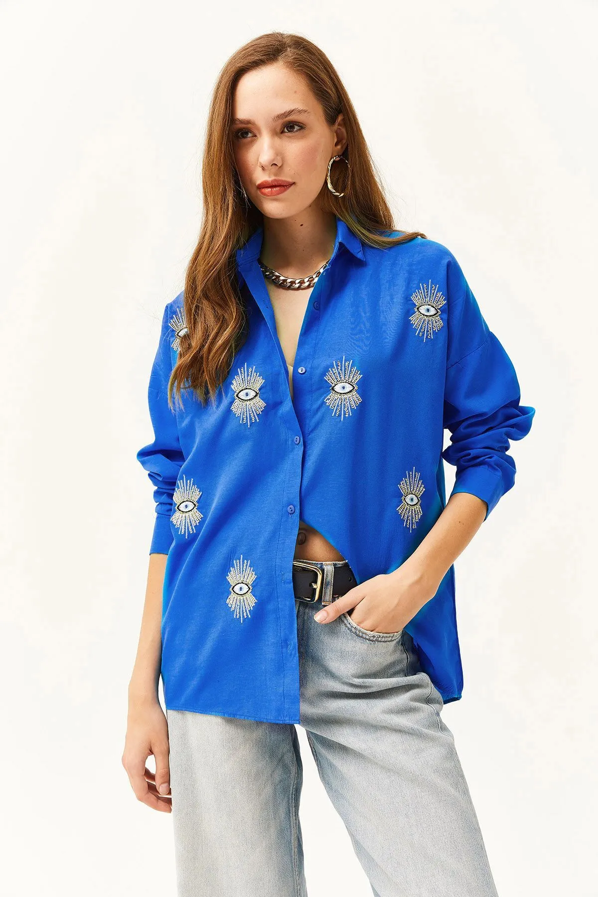 Olalook  Damen-Boyfriend-Hemd von Saks in Blau mit Pailletten und detailliertem Webmuster GML-19000992