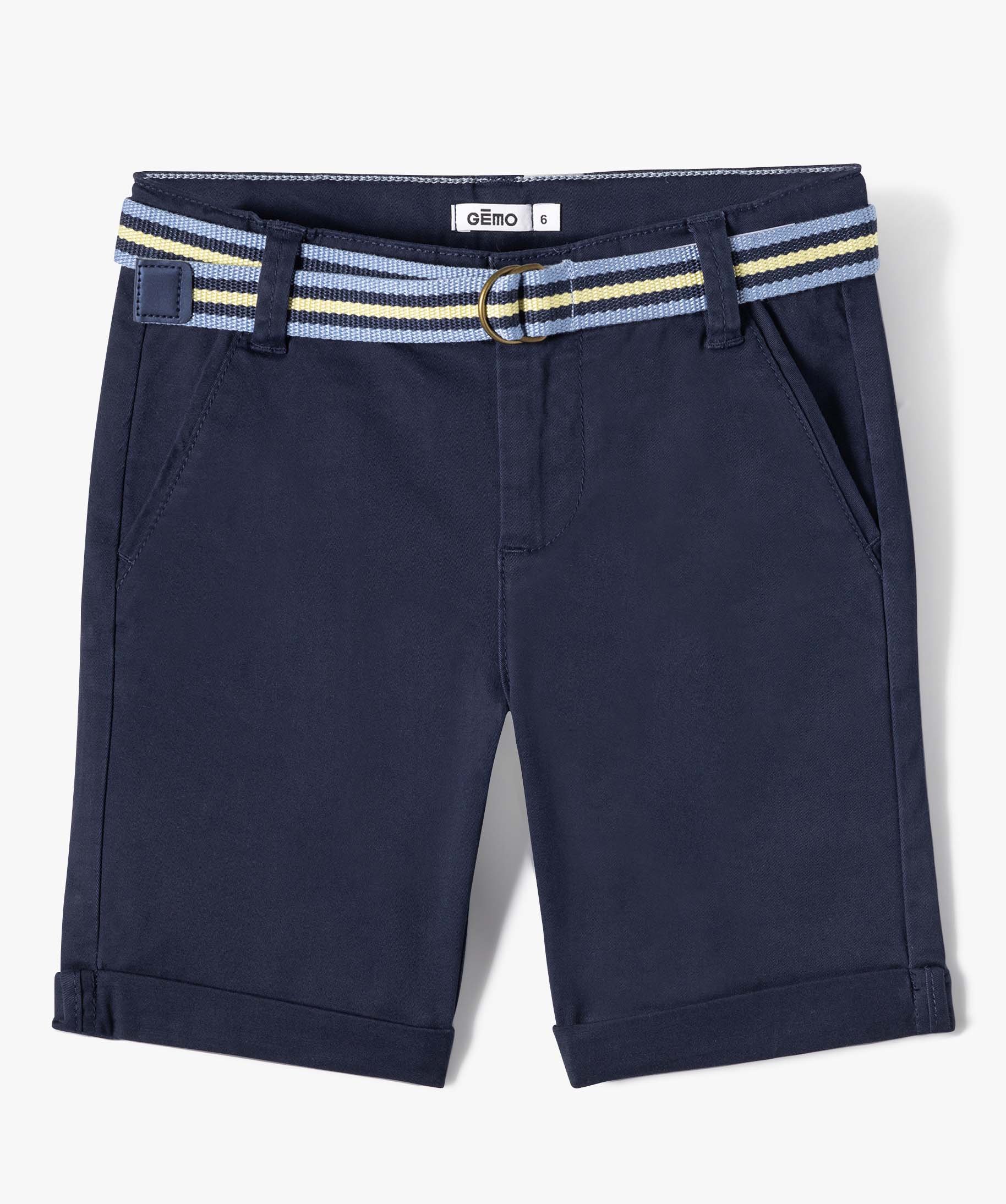 Bermuda Garçon en toile avec revers et ceinture tricolore marine | GEMO