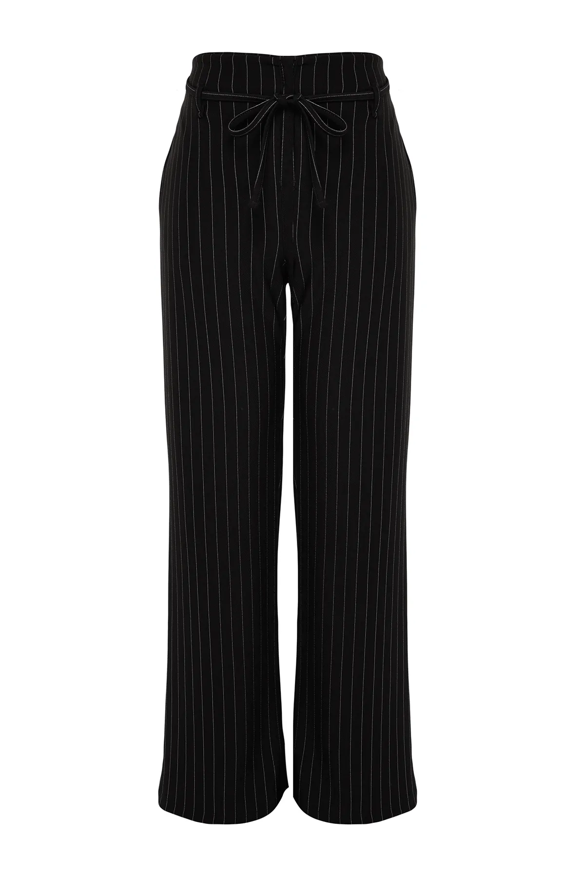 Trendyol Collection  Schwarz gestreifte Gürteldetaillierte gerade/gerade dehnbare Strickhose TWOAW24PL00084
