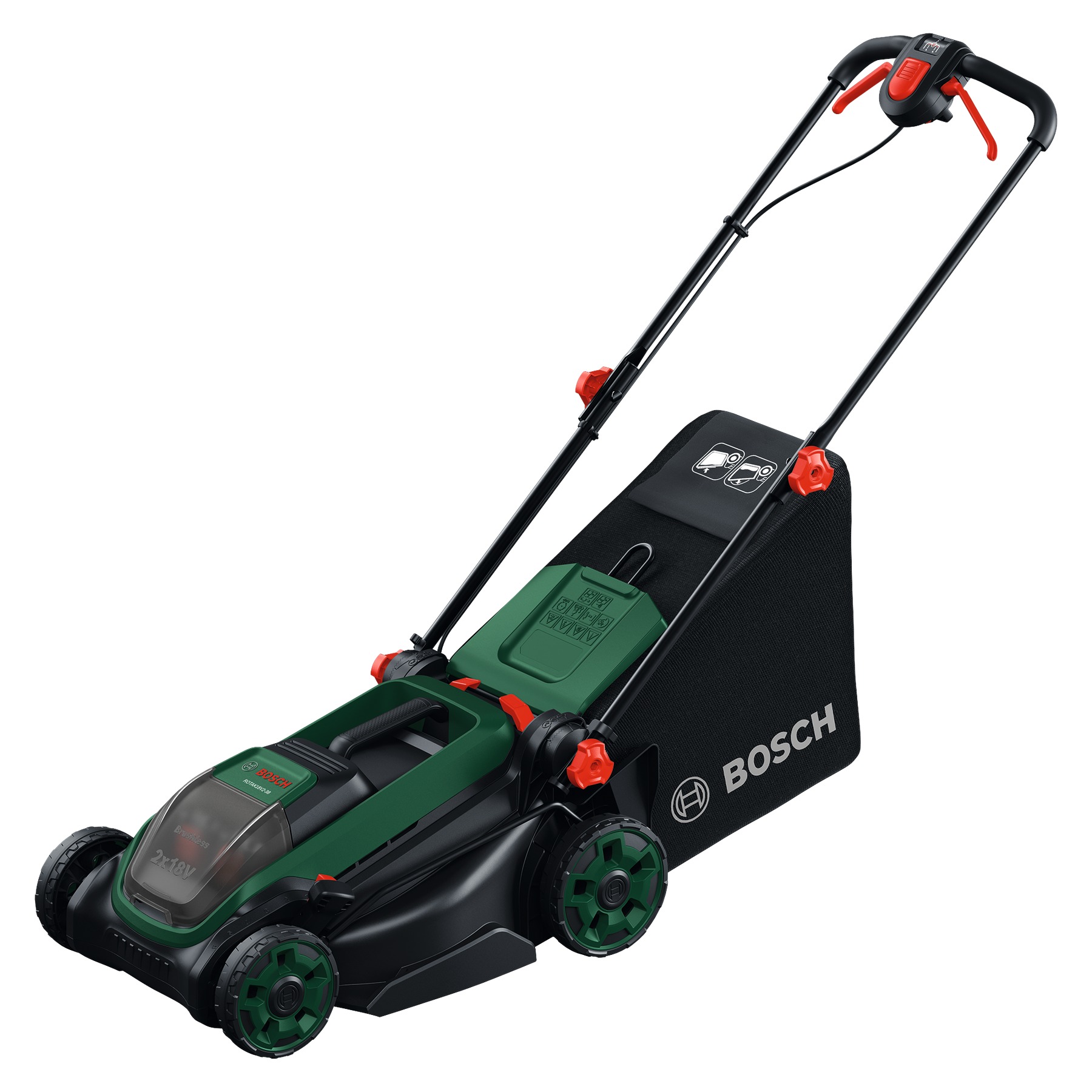 Akumulátorová kosačka Bosch Green 06008B9M00 Rotak 18V2-38 s 2x 18V 4,0Ah batériou a AL 2x 18V-88 nabíjačkou a mulčovacím konektorom v krabici