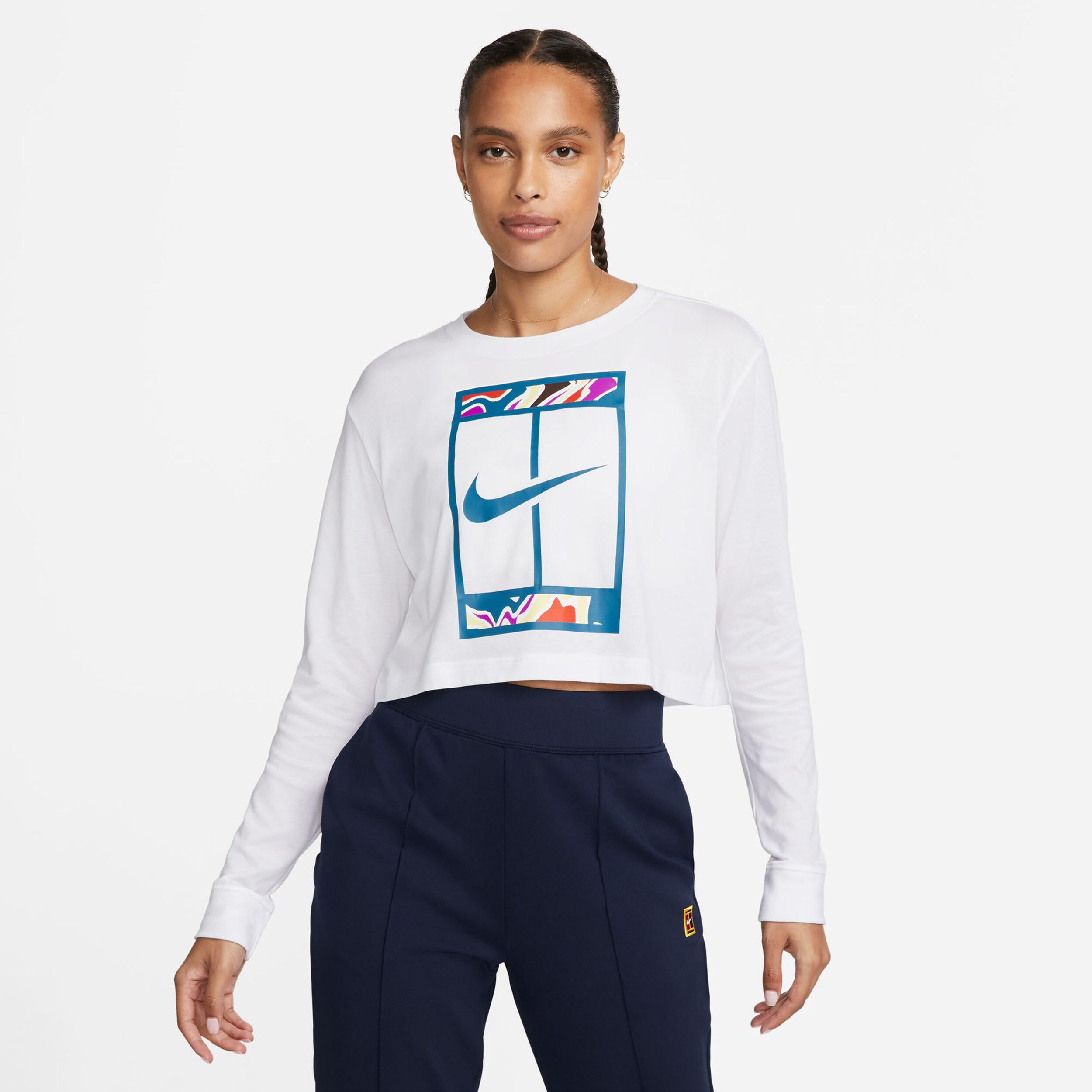 Dri-Fit Court Slam Cropped Longsleeve Damen - Weiß, Mehrfarbig