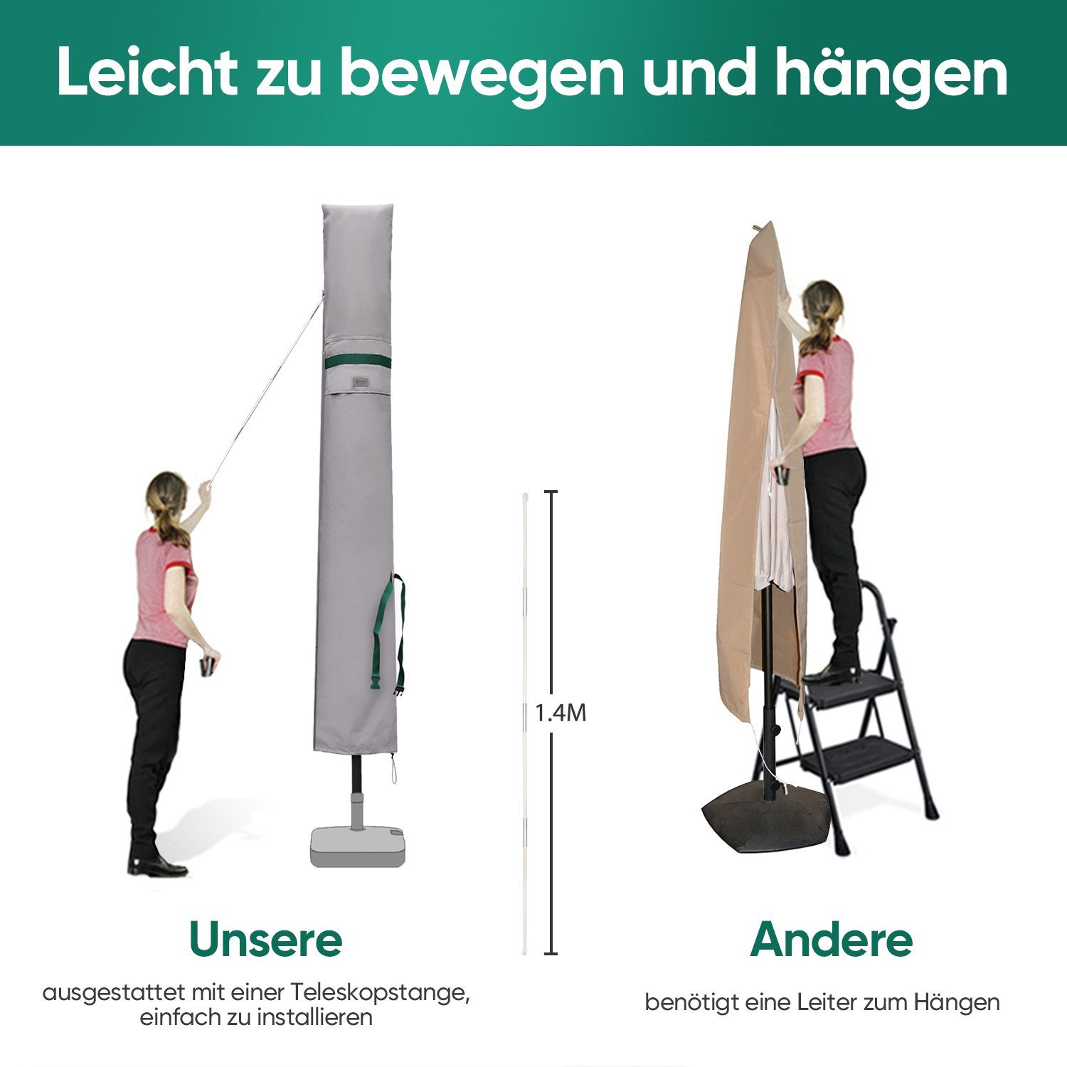 Sekey Sonnenschirm-Schutzhülle Marketschirm Abdeckhauben mit Stab und Reißverschluss, bis Ø 400 cm, für Sonnenschirme bis zu Ø 400 cm, eckige Sonnenschirme 200 x 300 cm
