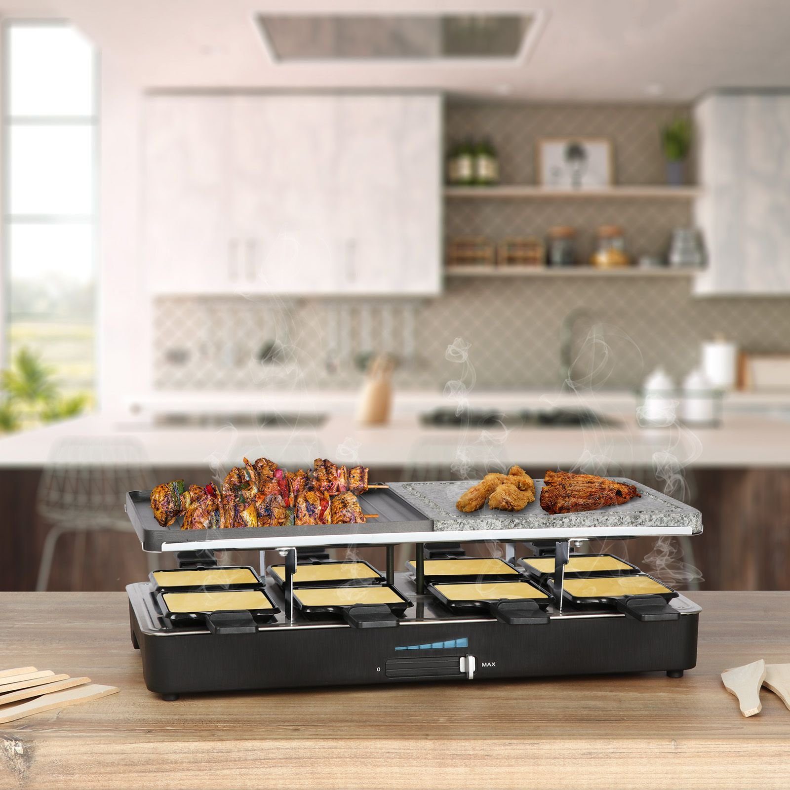 bmf-versand Raclette Raclette 8 Personen Tischgrill Elektrogrill Heißer Stein, 8 Raclettepfännchen, 1400,00 W, 2in1: Raclette, Heißer Stein und Tischgrill, Thermostat