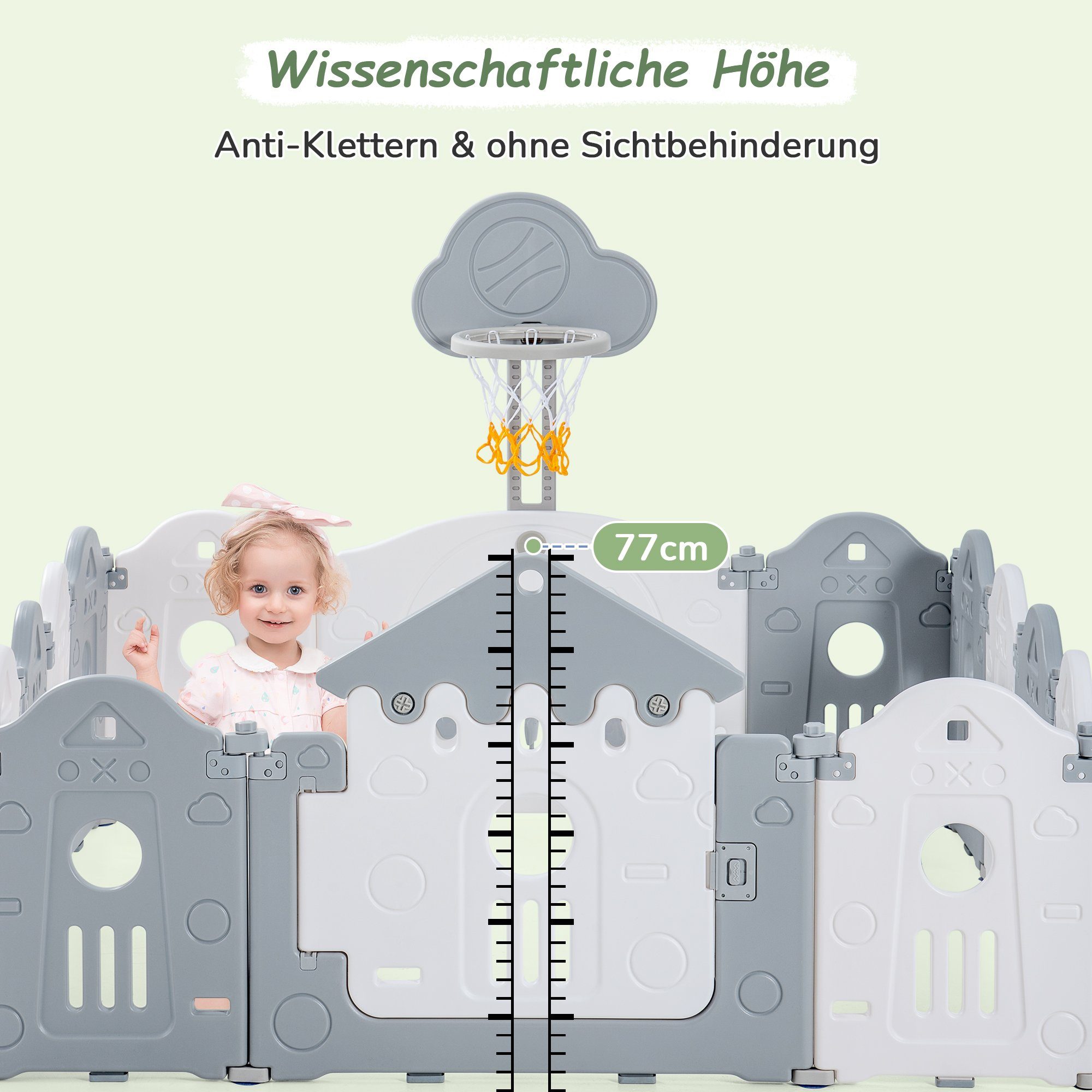 HAUSS SPLOE Laufstall Laufgitter Baby Laufstall Faltbar Spielzubehör Spielzeugboard (Basketballkorb Spielzubehör 160x160x77cm kann verschoben werden), Laufställe, Schutzgitter aus Kunststoff mit Tür Spielzeugboard