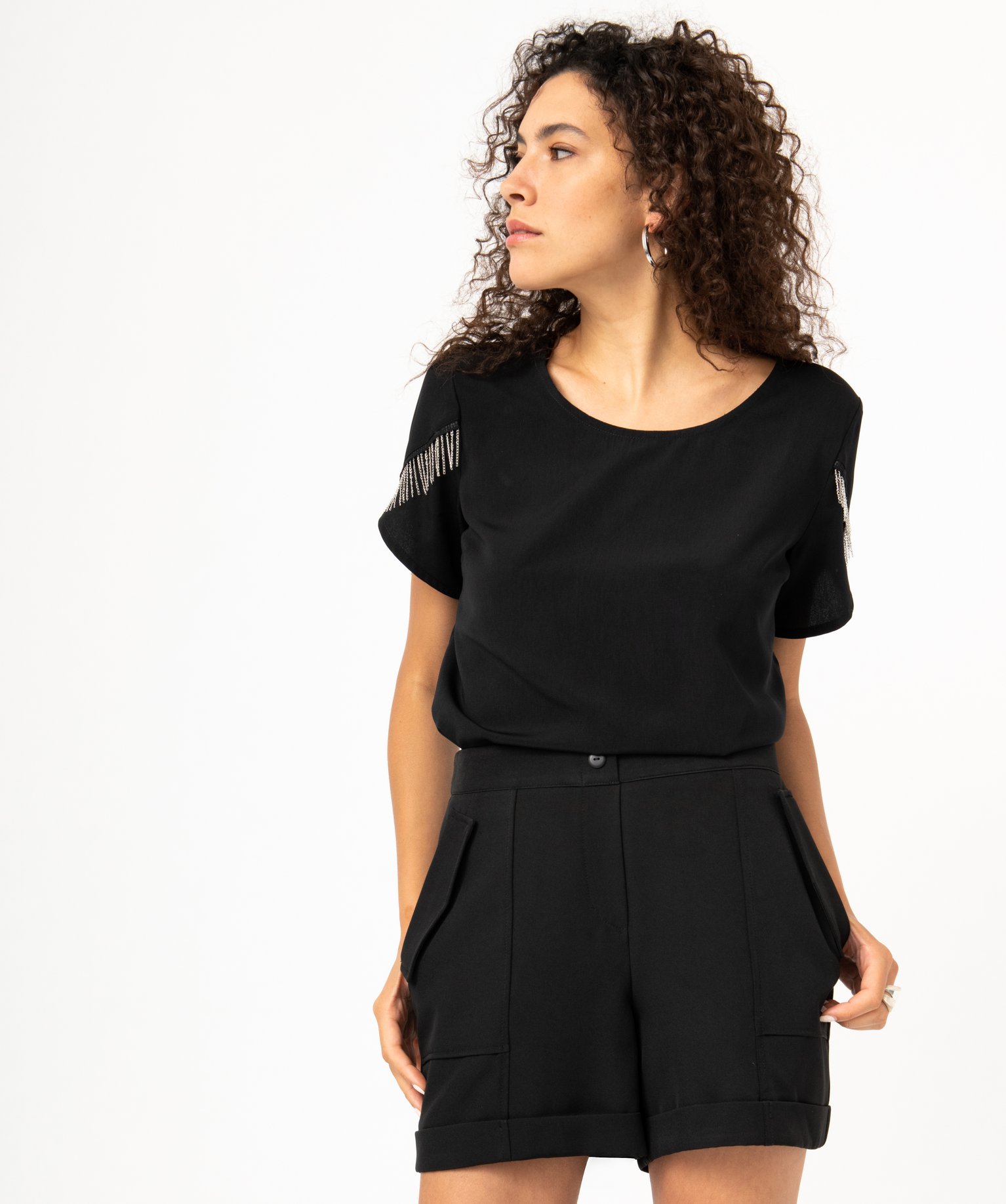 Blouse à manches courtes avec franges chaines femme noir | GEMO