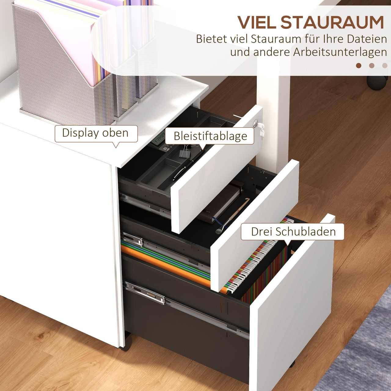 Vinsetto Rollcontainer Aktenschrank mit 3 Schubladen, Büroschrank mit Schloss