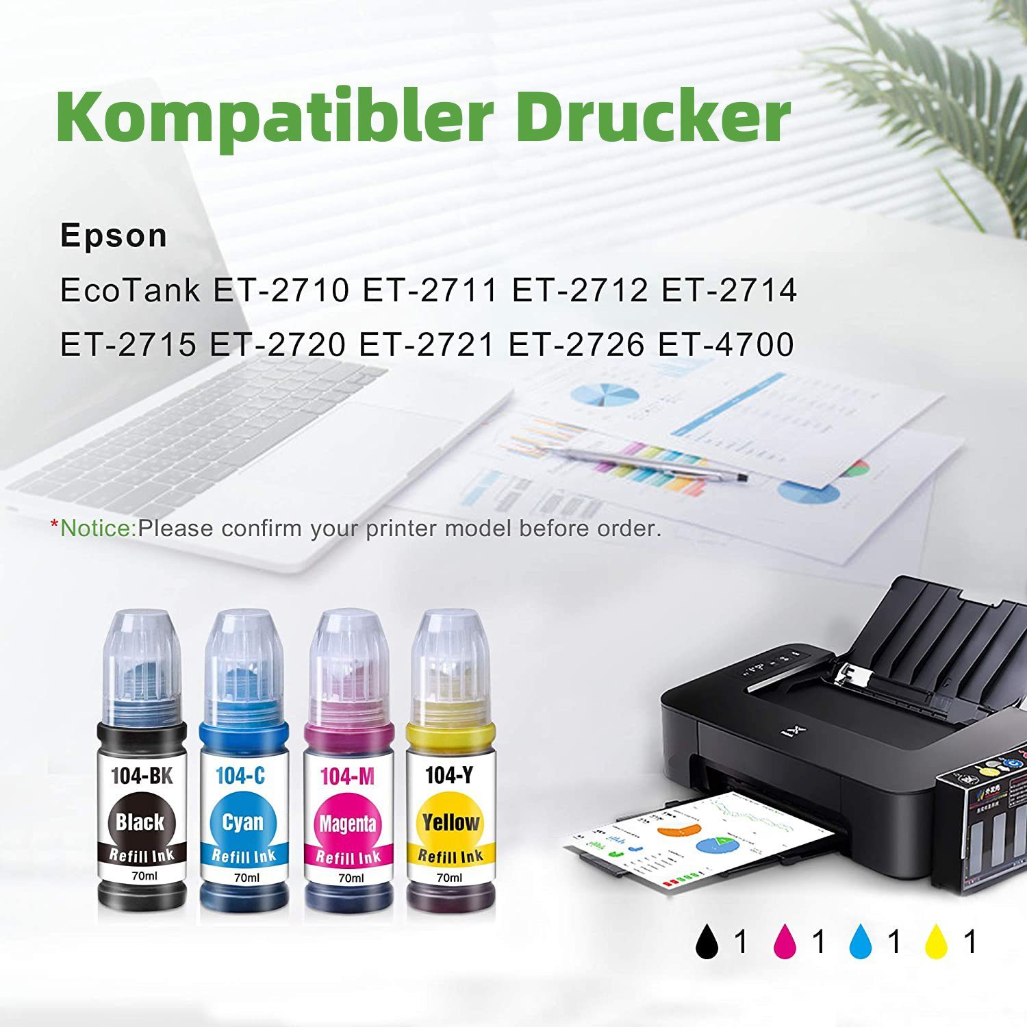 Koala 104 Nachfülltinte Tintenflasche für Epson 104 EcoTank ET-2710 ET-2711 Tintenpatrone (Packung, 5er Tinte Refill für EPSON 104 Ecotank ET-2820 ET-2821 ET-2825 ET-2826)