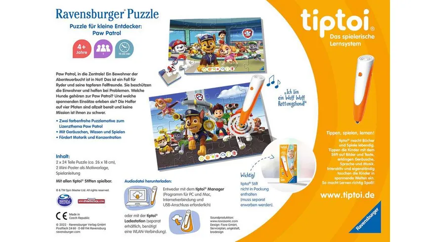 Ravensburger tiptoi - Puzzle Puzzle für kleine Entdecker: Paw Patrol, Kinderpuzzle für Kinder ab 4 Jahren, für 1 Spieler
