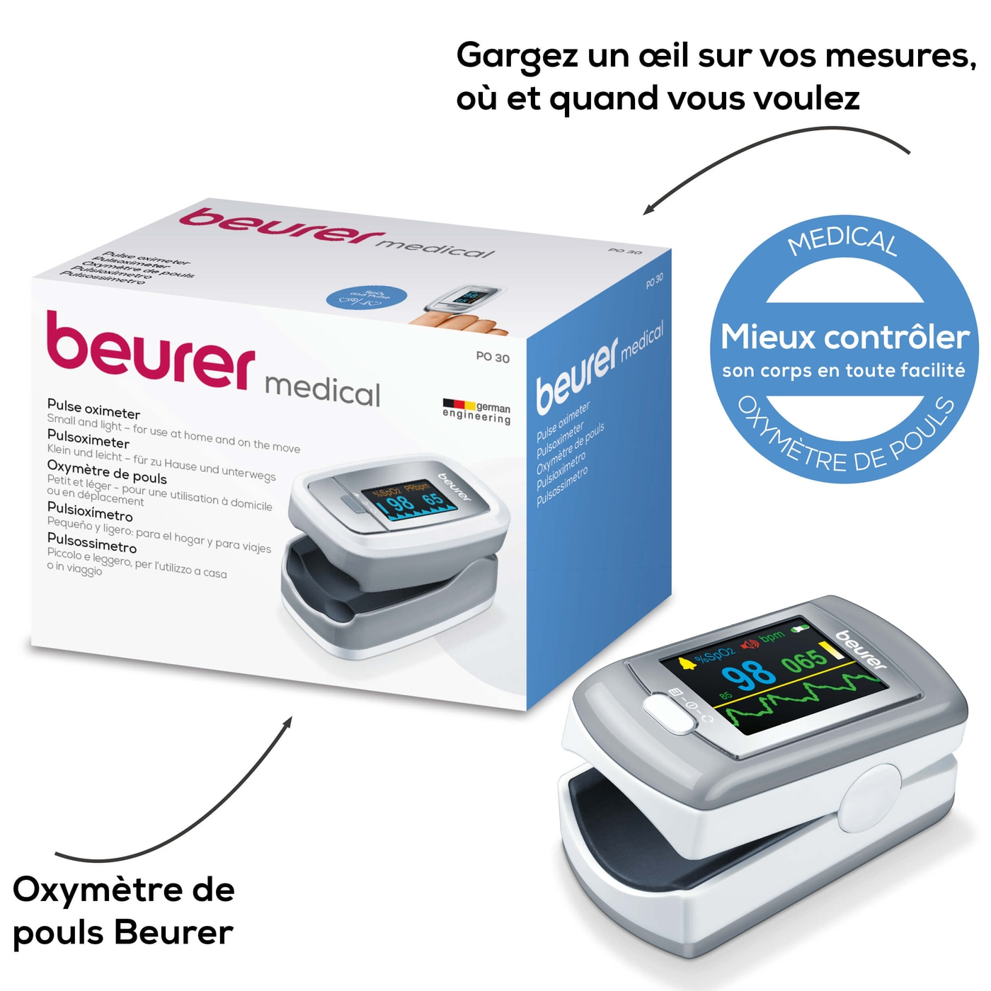 Beurer Pulsoximeter PO 80-Pulsoximeter zur Messung der Sauerstoffsättigung & Herzfrequenz mit PC-Schnittstelle