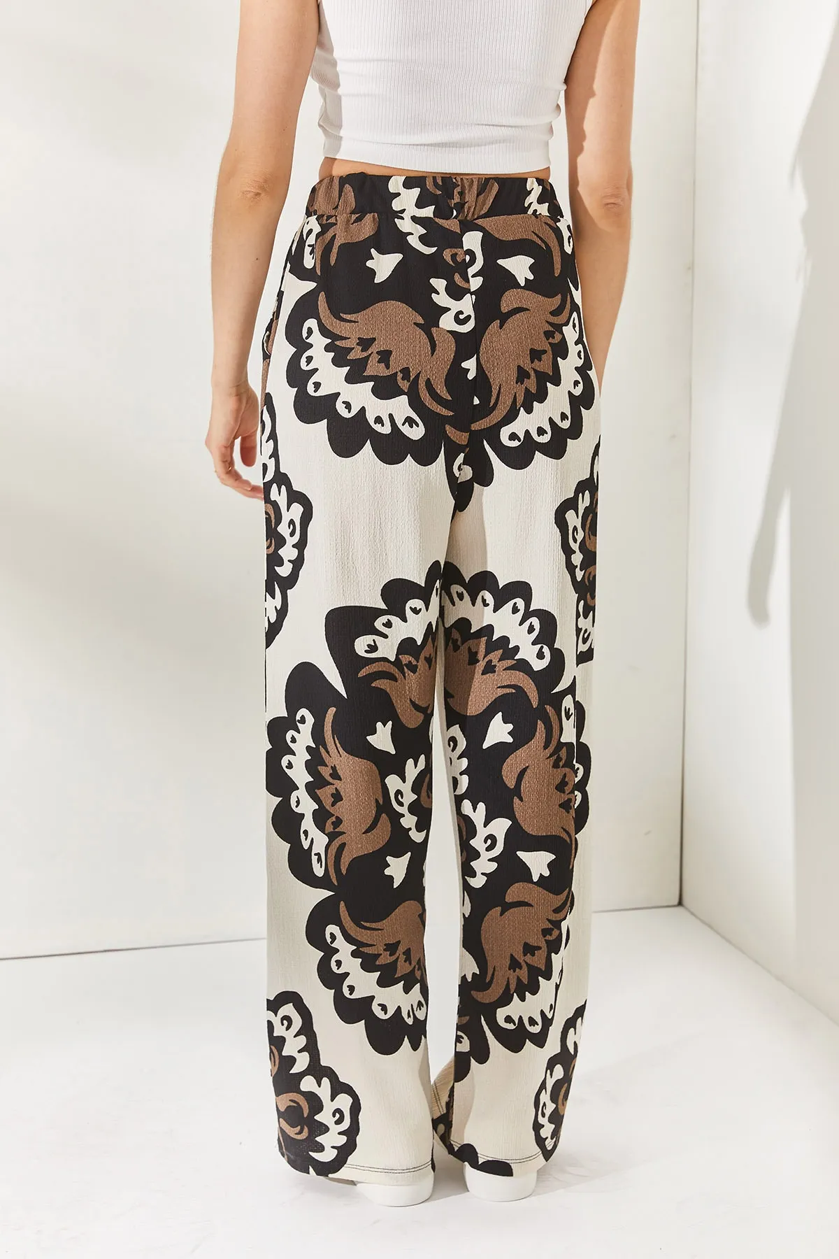 Olalook  Nerzfarbene, gemusterte Palazzo-Hose mit elastischem Bund und Taschen, PNT-19000225