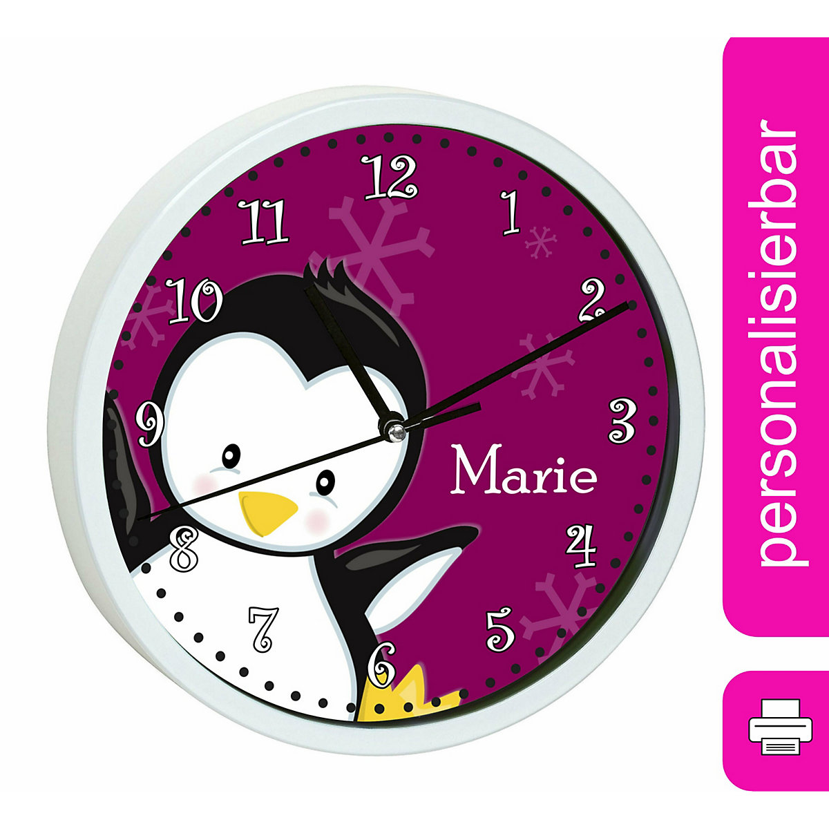 Kinder Wanduhr laufruhig personalisiert mit Name Pinguin brombeere