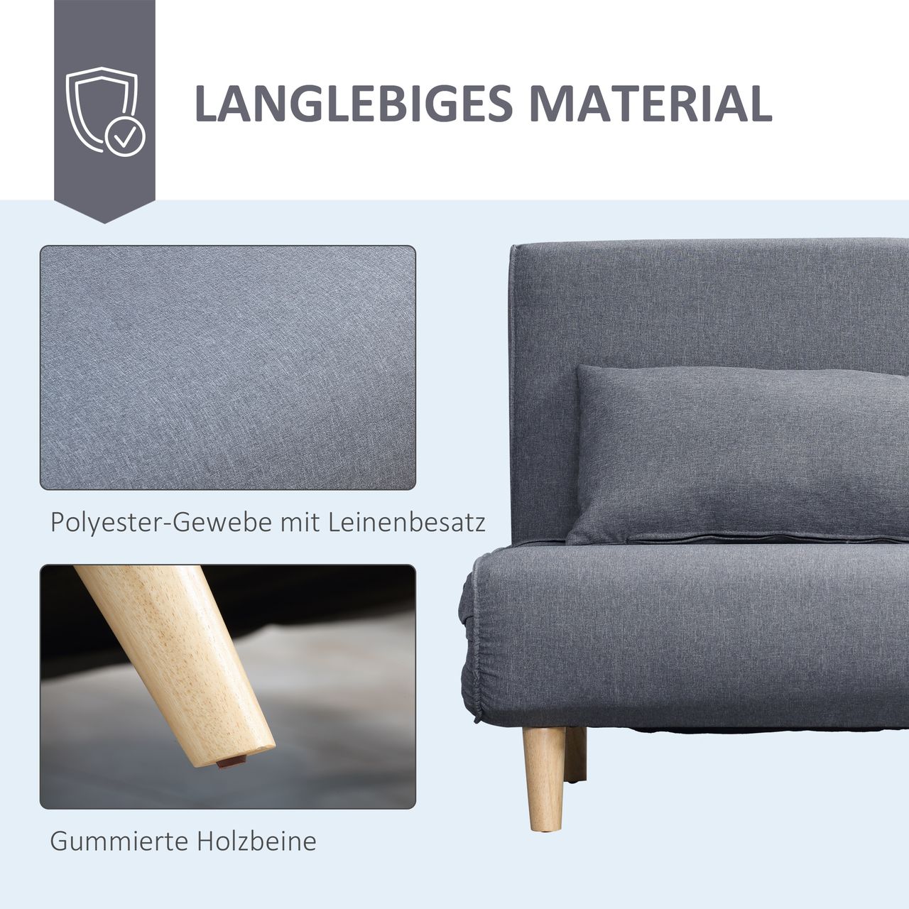 HOMCOM Einzelsofa Schlafsofa Sofabett Klappsofa verstellbar Rückenlehne Liege nordisch skandinavisch 25D Schaumstoff Haus Leinenimitat Tannenholz Grau