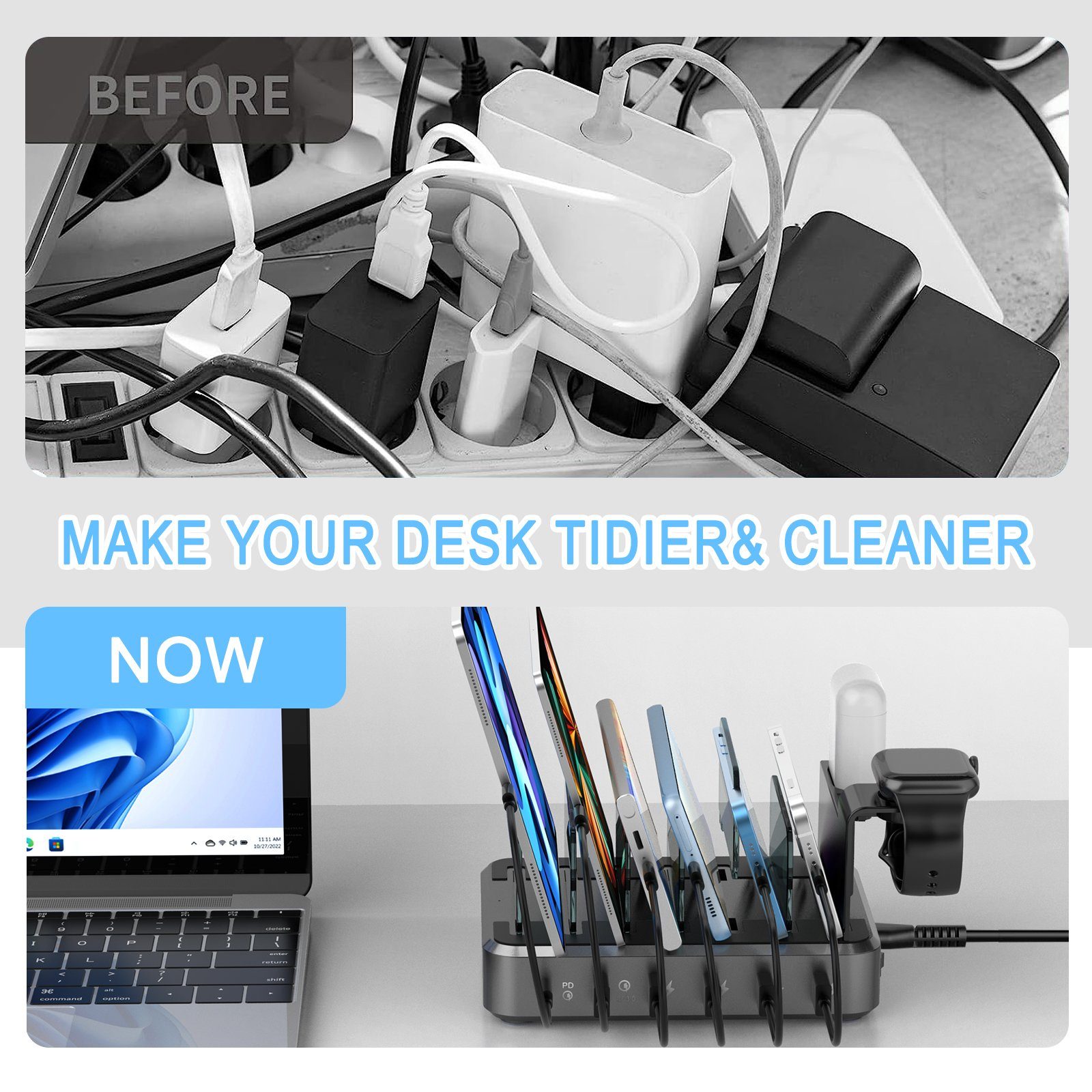 JOEAIS Handy-Dockingstation Desktop Ladestation Geräte Multi Ladestation Mehrere Aufladestation, (Fast Charger, Mobiltelefon Tablet Tablet Kopfhörer MP4 und andere USB-fähige Geräte), Ladegerät USB C Handy Ladestation Mehrfach Ladebox mit 6 USB Ports