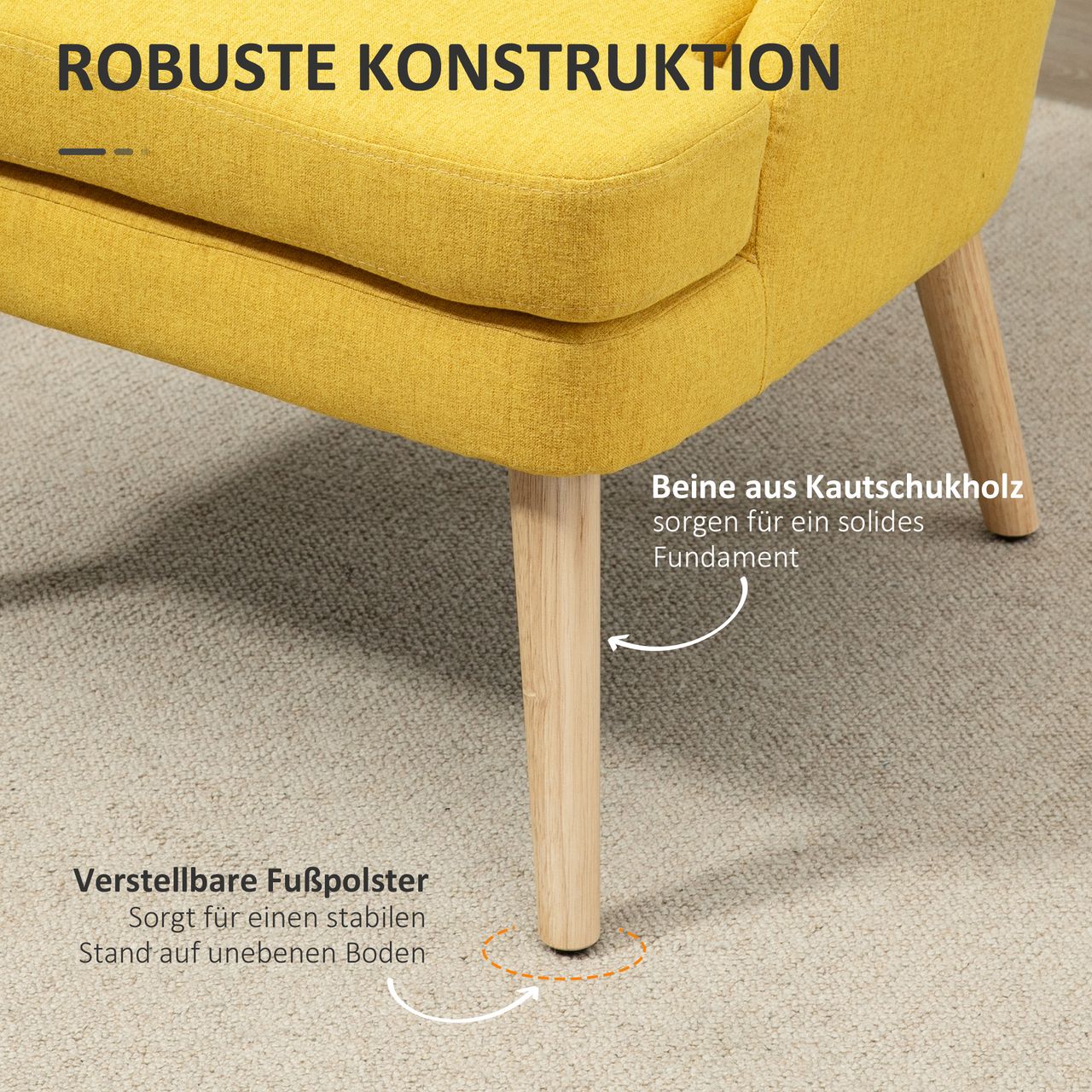 HOMCOM Esszimmerstuhl mit Armlehne Wohnzimmerstuhl Bürostuhl Polsterstuhl modern Leinen-Touch Holz Gelb 63 x 69 x 79,5 cm