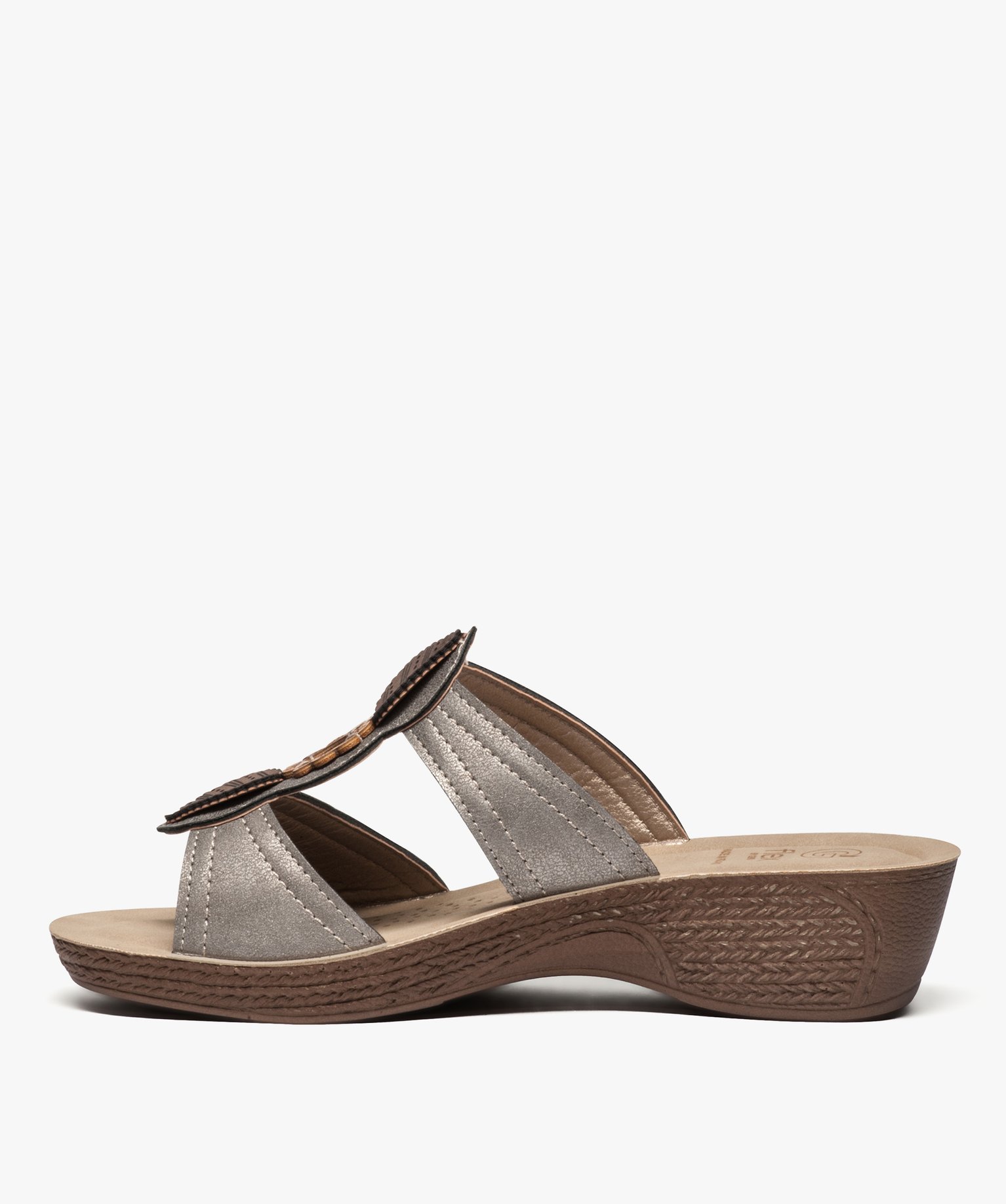 Mules femme confort à talon compensé et brides fantaisie gris | GEMO