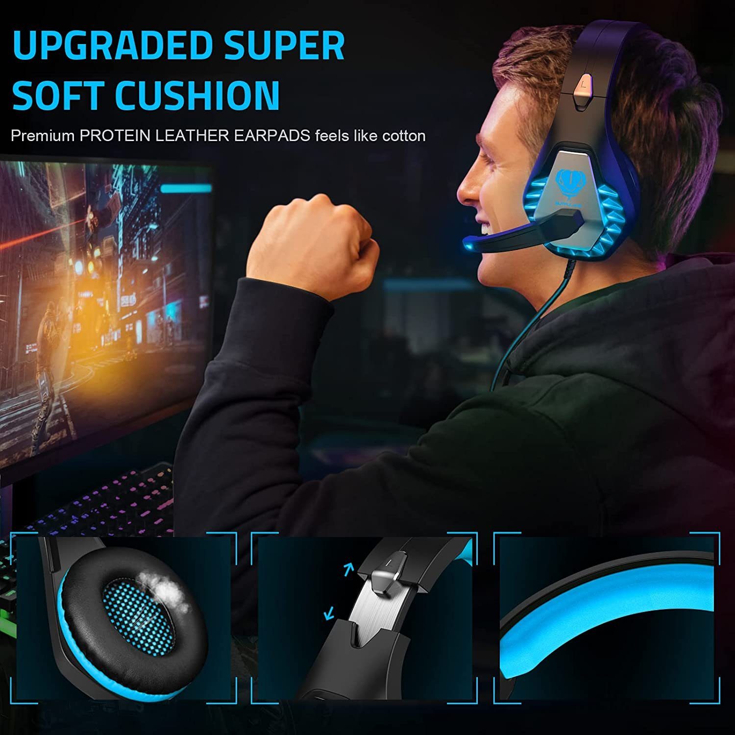Mutoy Gaming Headset für PC,PS4,PS5,Xbox One,Xbox Series X,Nintendo Switch Gaming-Headset (3.5mm Noise Cancelling Gaming Kopfhörer mit Mikrofon, LED Leuchten und Soft Memory Ohrenschützer)