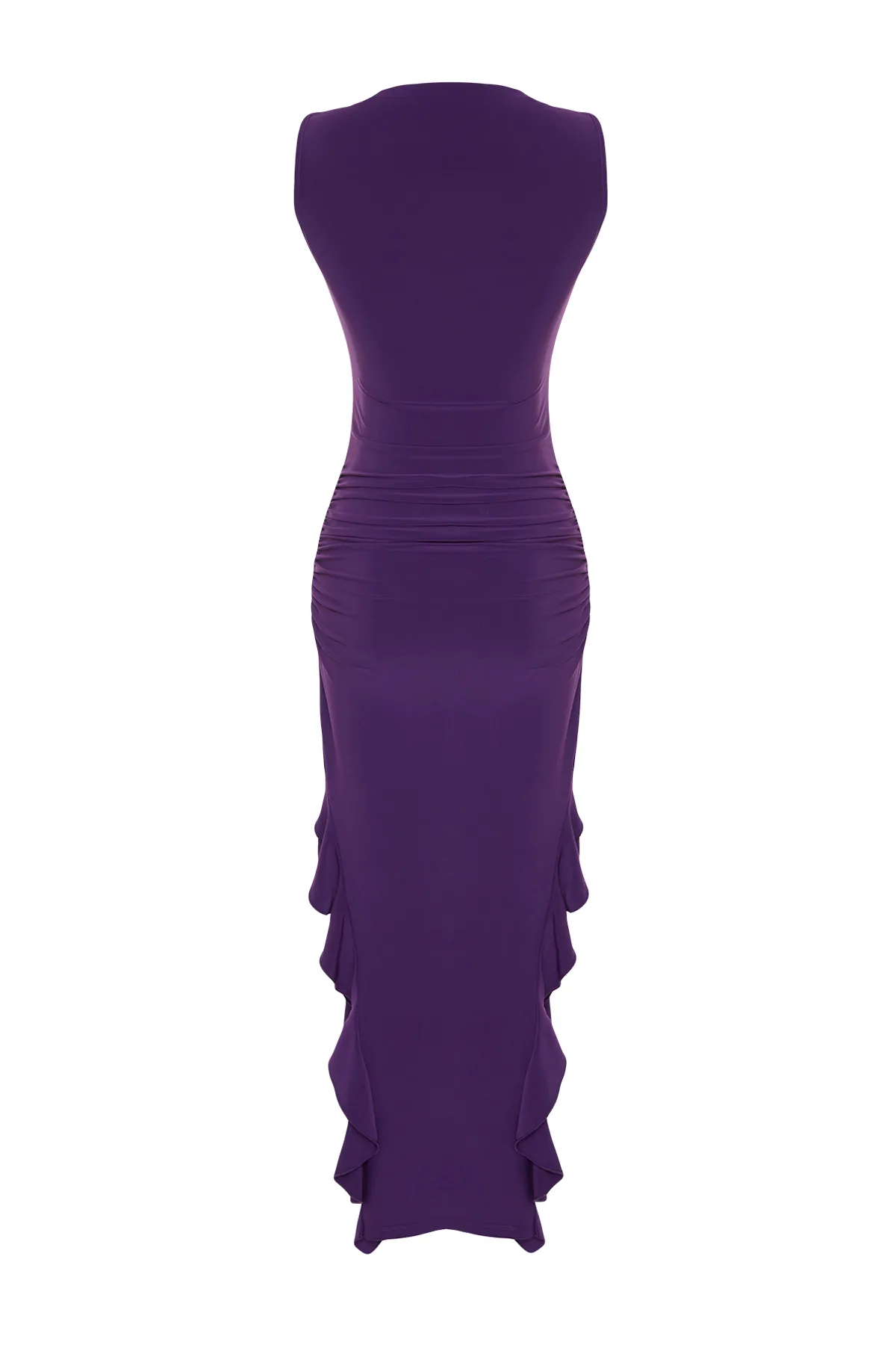 Trendyol Collection  Lila ärmelloses, geschlitztes, dehnbares, dickes Sandy-Maxi-Bleistiftkleid mit Rüschendetails TWOSS24EL00688